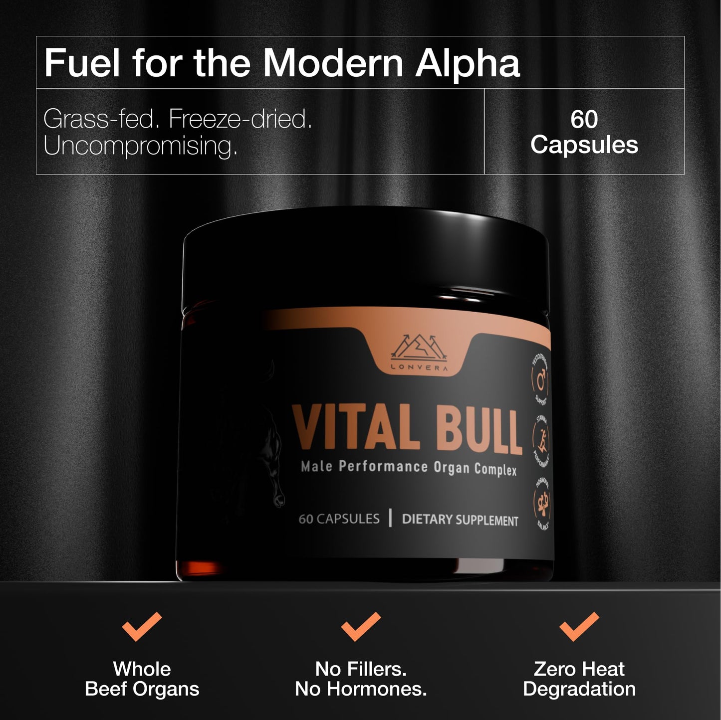 Vital Bull Beef Organ Supplement for Men with Grass Fed Liver, Testicle, Prostate & Bone Marrow – Freeze Dried Beef Organ Capsules for Nutrient Support – 60 Day Supply