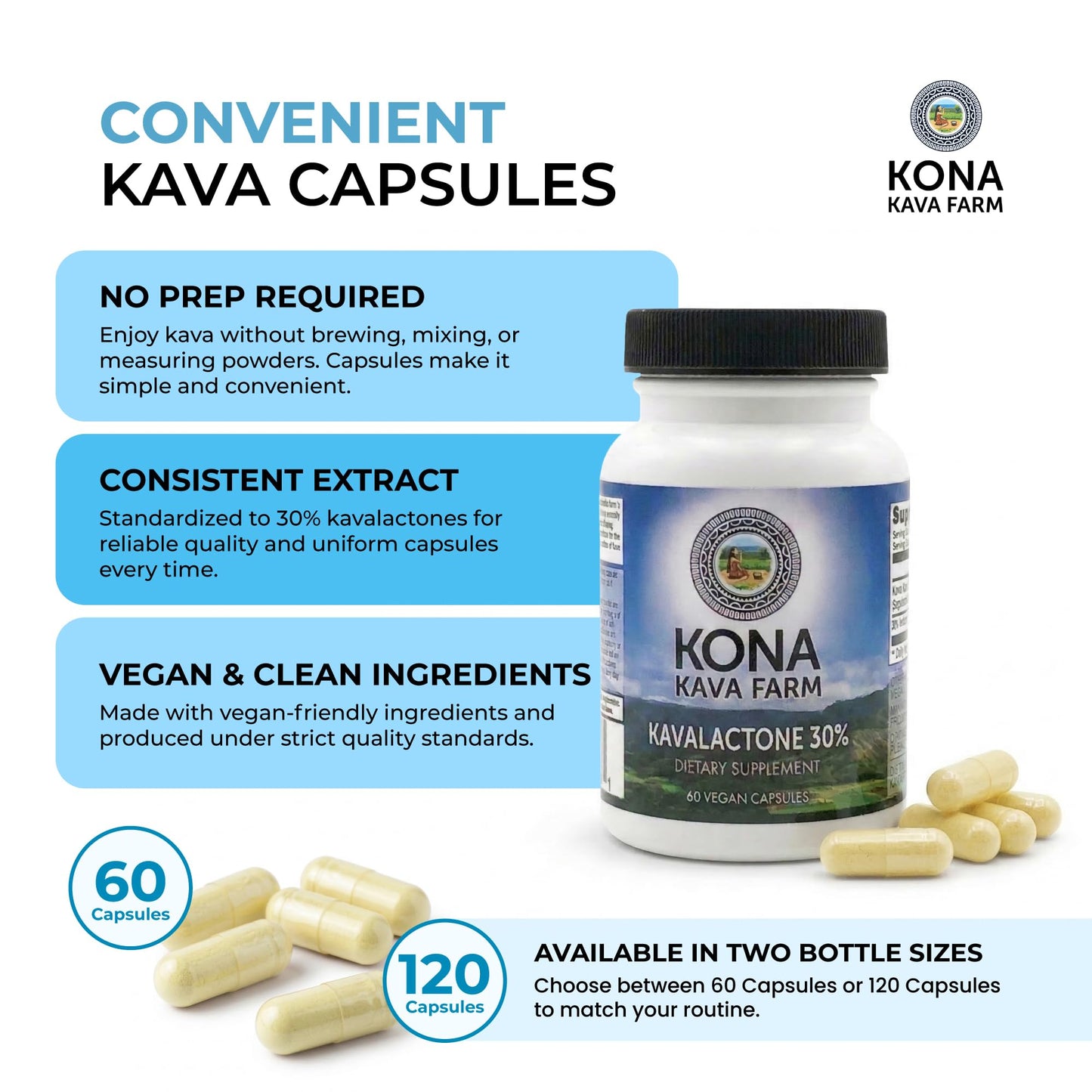 Kona Kava Farm Kava Extract Capsules (30% Kavalactone), 120 Count
