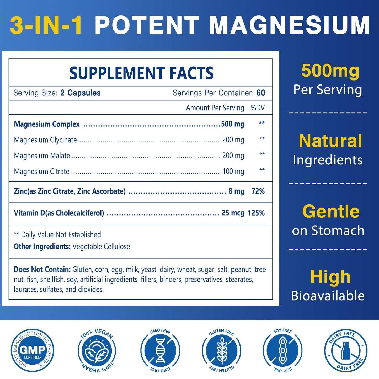 NATURE TARGET Magnesium Complex 500mg, Magnesium Glycinate, Malate & Citrate - Chelated Triple Magnesium with Zinc & Vitamin D3 for Muscle, Nerve, Bone & Immune Support, Vegan, 120 Capsules