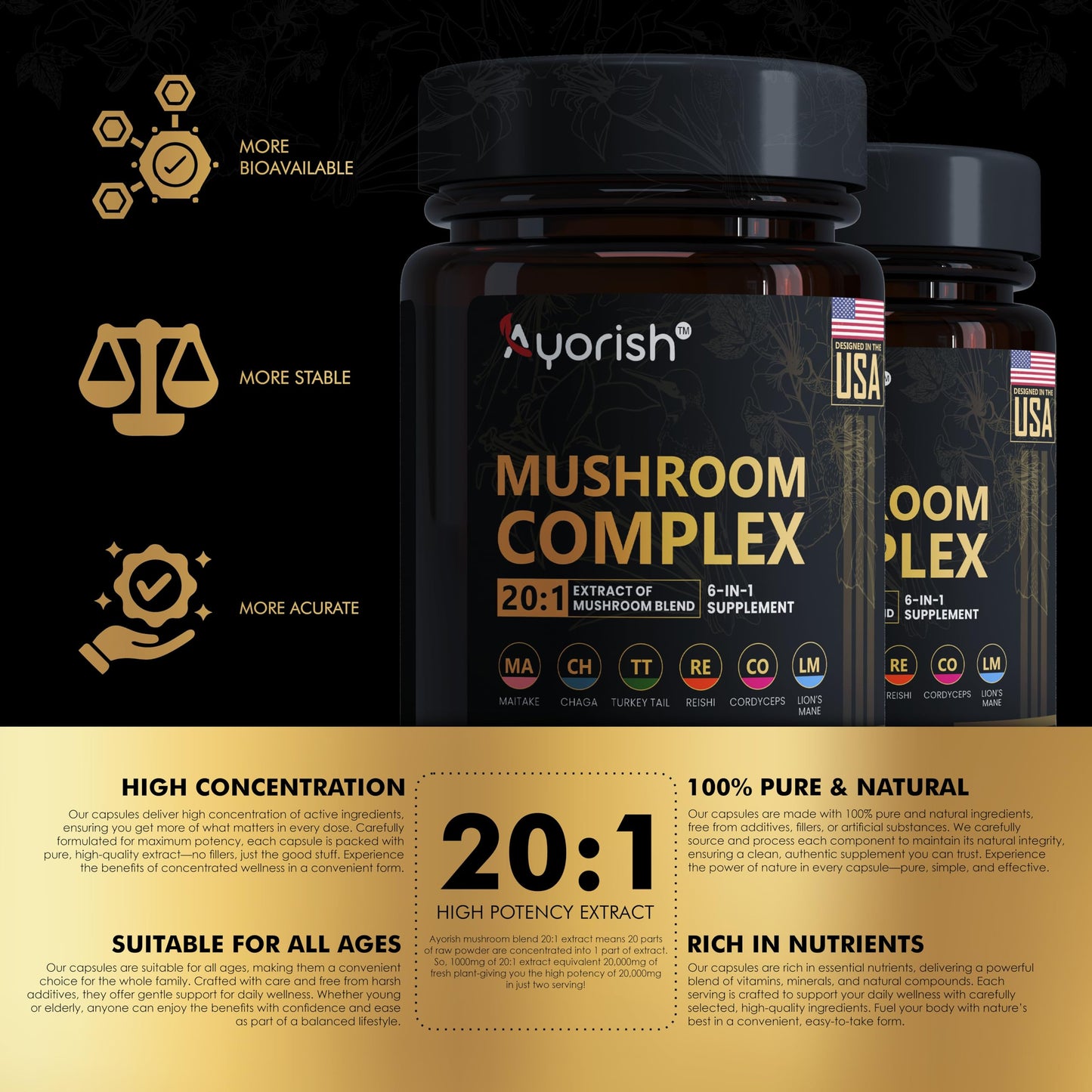 Ayorish Lions Mane 6 in1 Mushroom Supplement with Turkey Tail Reishi Cordyceps Chaga Maitake Meshima Poria Cocos Shiitake Oyster Porcini Enoki Capsule 120