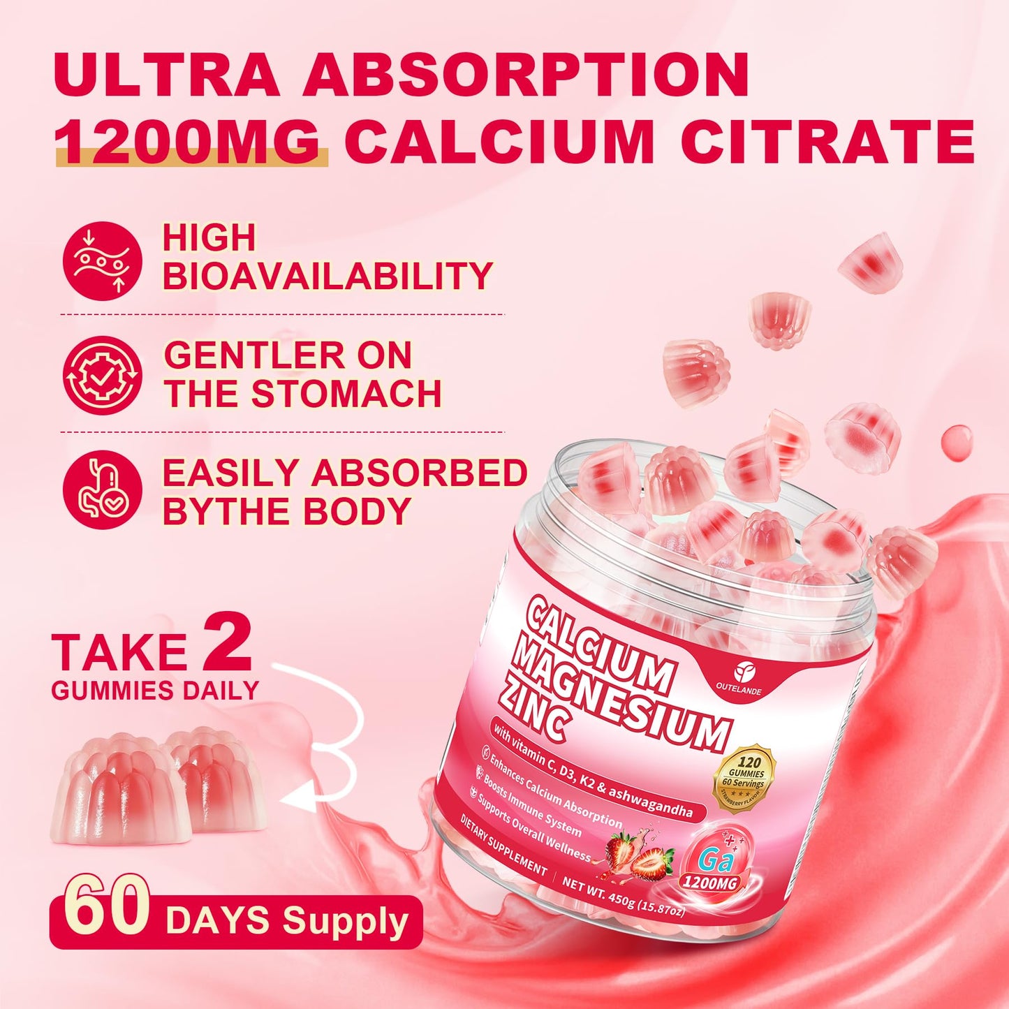 OUTELANDE Calcium Citrate Gummies 1200mg with Vitamin D3 & K2 for Women & Men, 120 Count