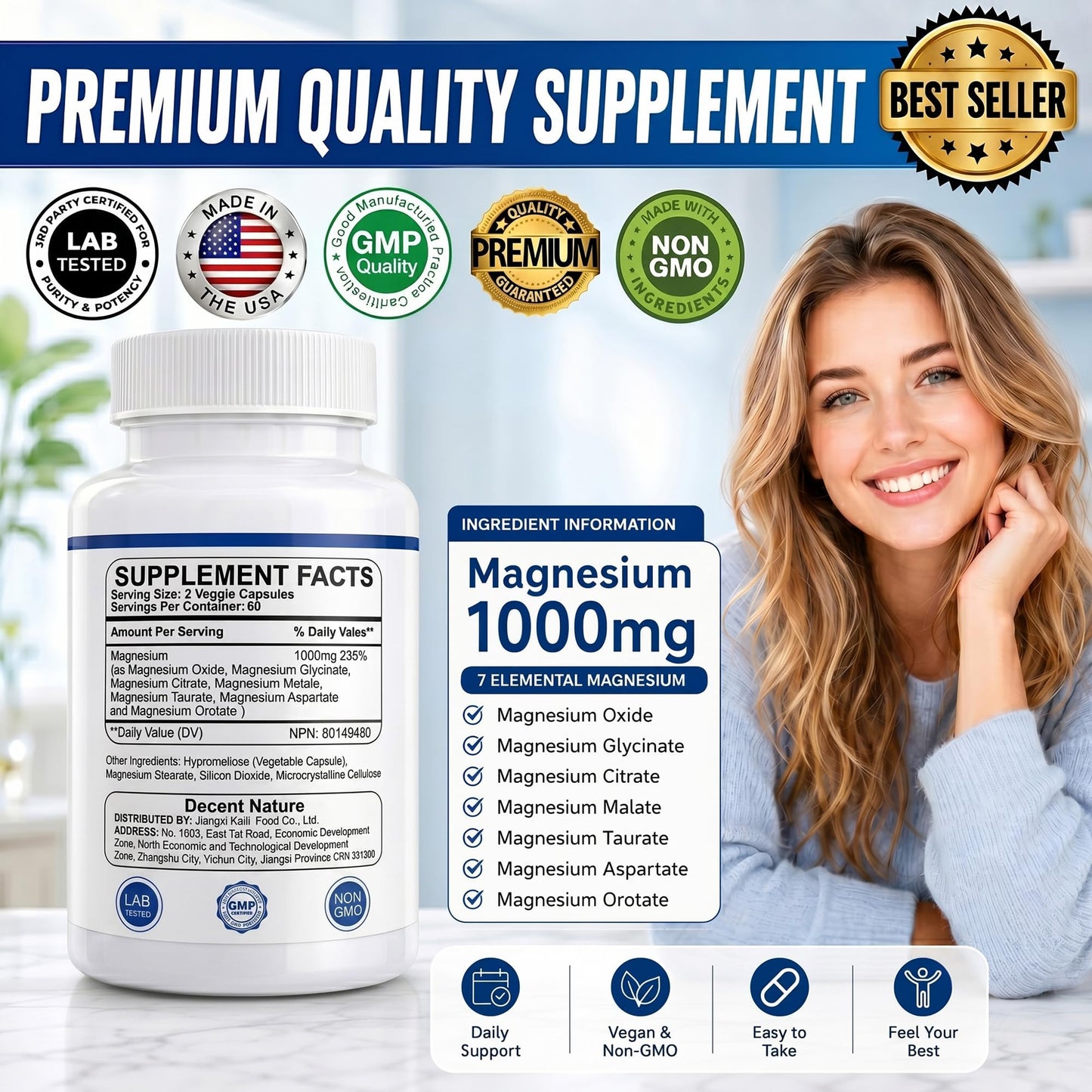 ElixAid Magnesium Complex 1000mg 7-in-1 (Glycinate, Citrate & Malate) Capsule, 120 Count