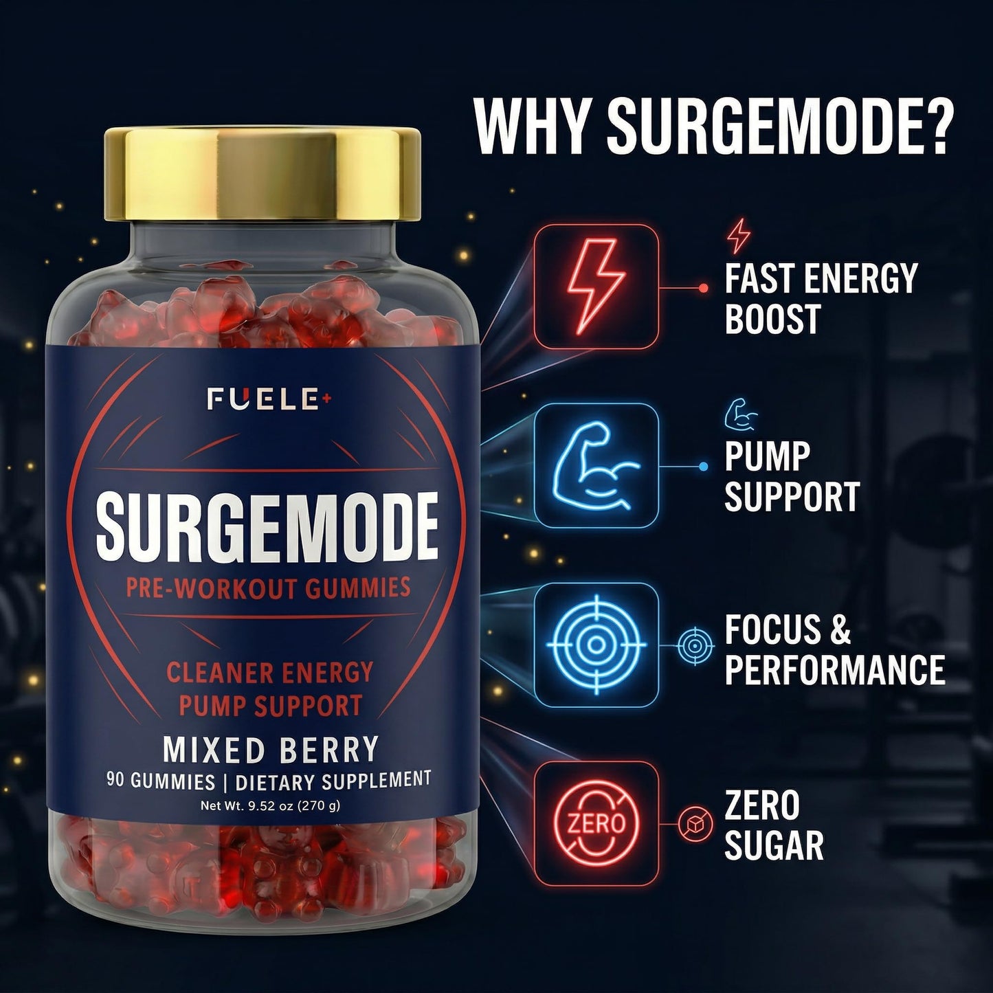 FUELE+ Pre Workout Gummies with Caffeine – Clean Energy & Pump Support with Citrulline, Beta Alanine & Electrolytes – Sugar Free Vegan Preworkout Gummies, Mixed Berry, 90 Count