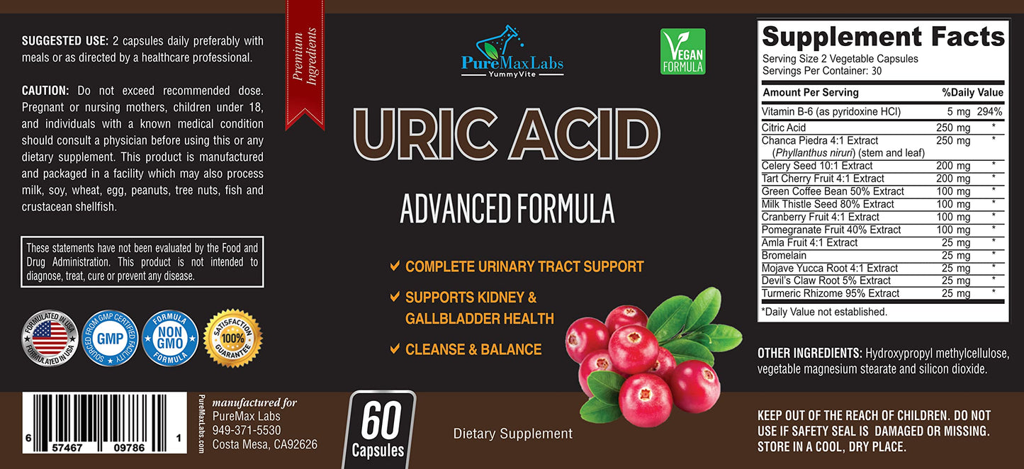 YUMMYVITE Uric Acid Advanced Formula – Kidney, Liver, Gallbladder, Urinary Tract Cleanse with Cranberry, Chanca Piedra, Tart Cherry, Milk Thistle and Bromelain 60 Capsules