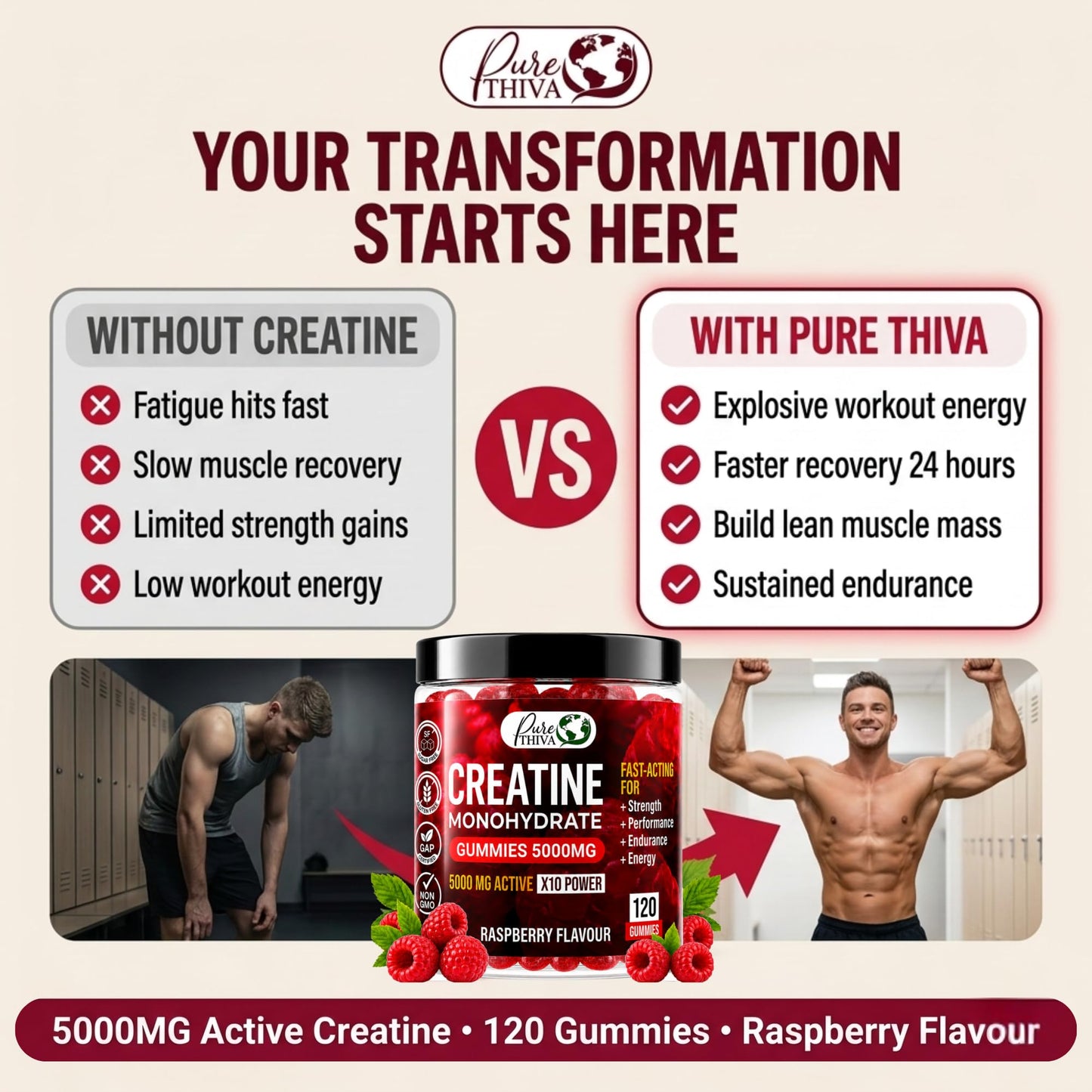 PureThiva Creatine Monohydrate Gummies 5000mg, Sugar Free Raspberry, Vegan, 120 Count, with Turmeric & Black Pepper for Muscle Strength, Energy & Endurance