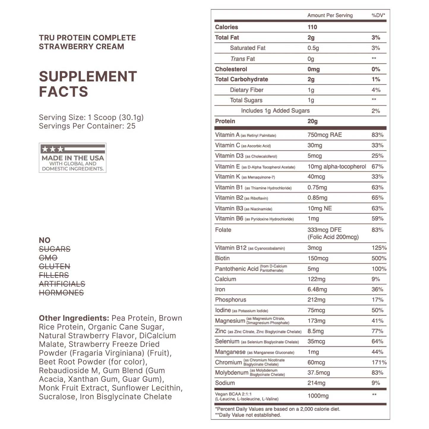 TRU Supplements Plant Based Protein Powder, BCAA, EAA, 25 Servings, Strawberry Cream