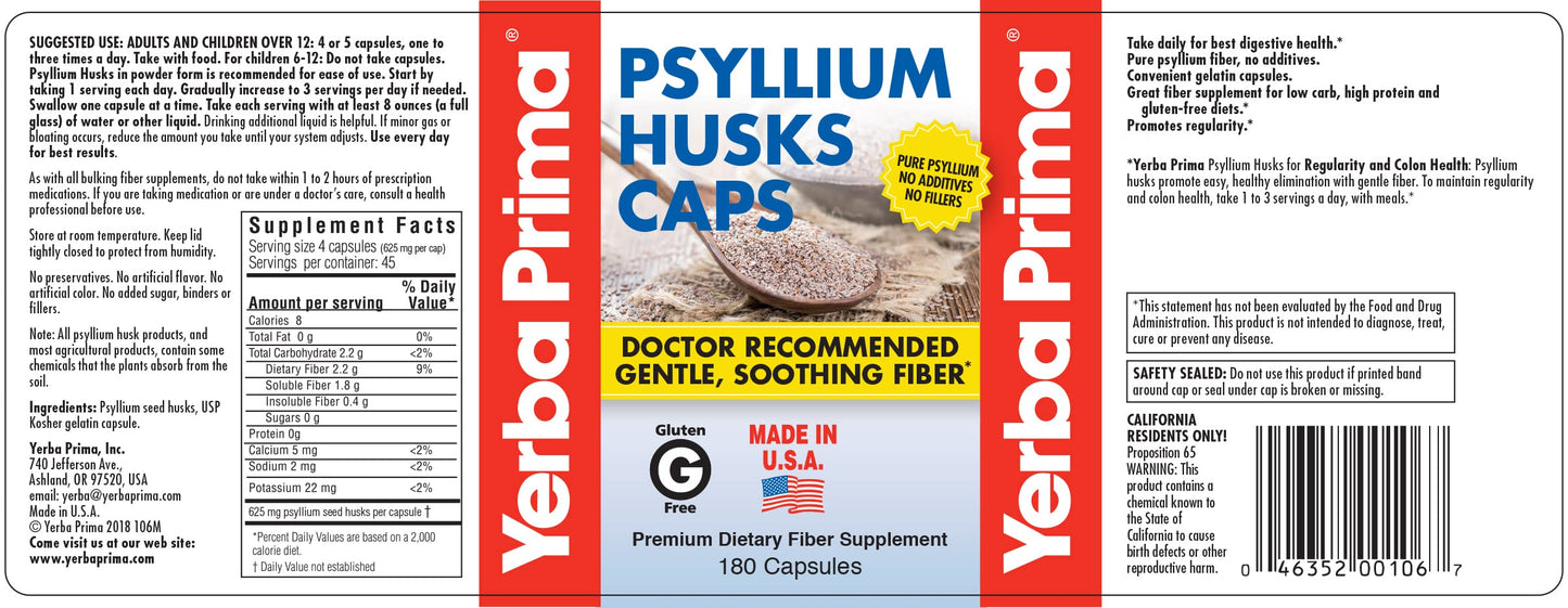 Yerba Prima Psyllium Husks Capsules, 180 Capsules