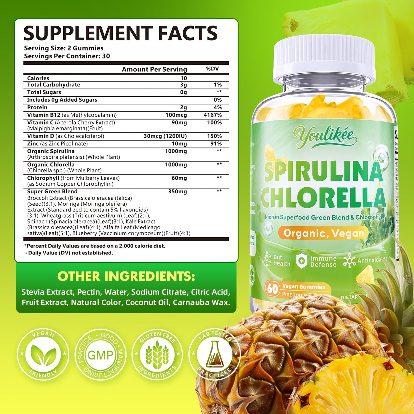 Youlikee Spirulina Chlorella Gummies 60 Count