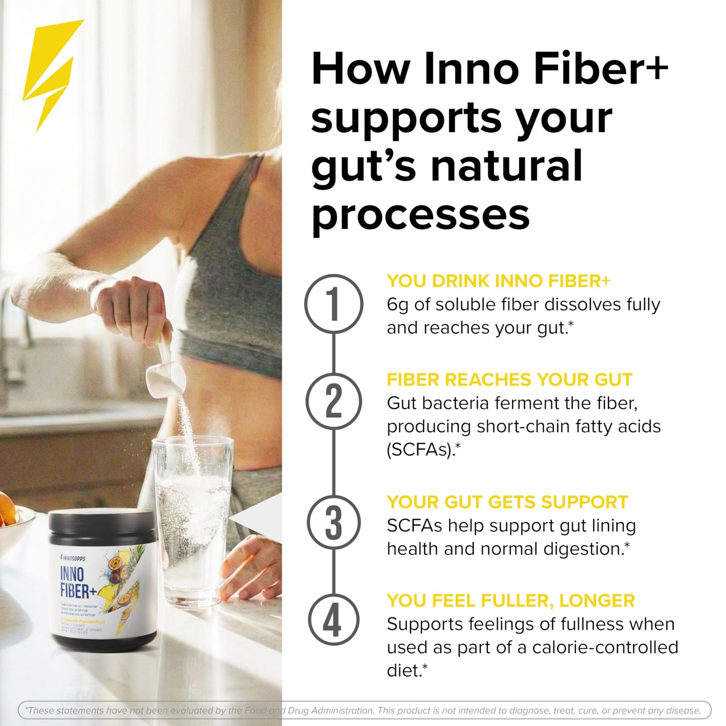 InnoSupps Fiber+ Daily Fiber Supplement, 3-in-1 Pre + Pro + Postbiotic Formula, Powder, 10.4 Ounce