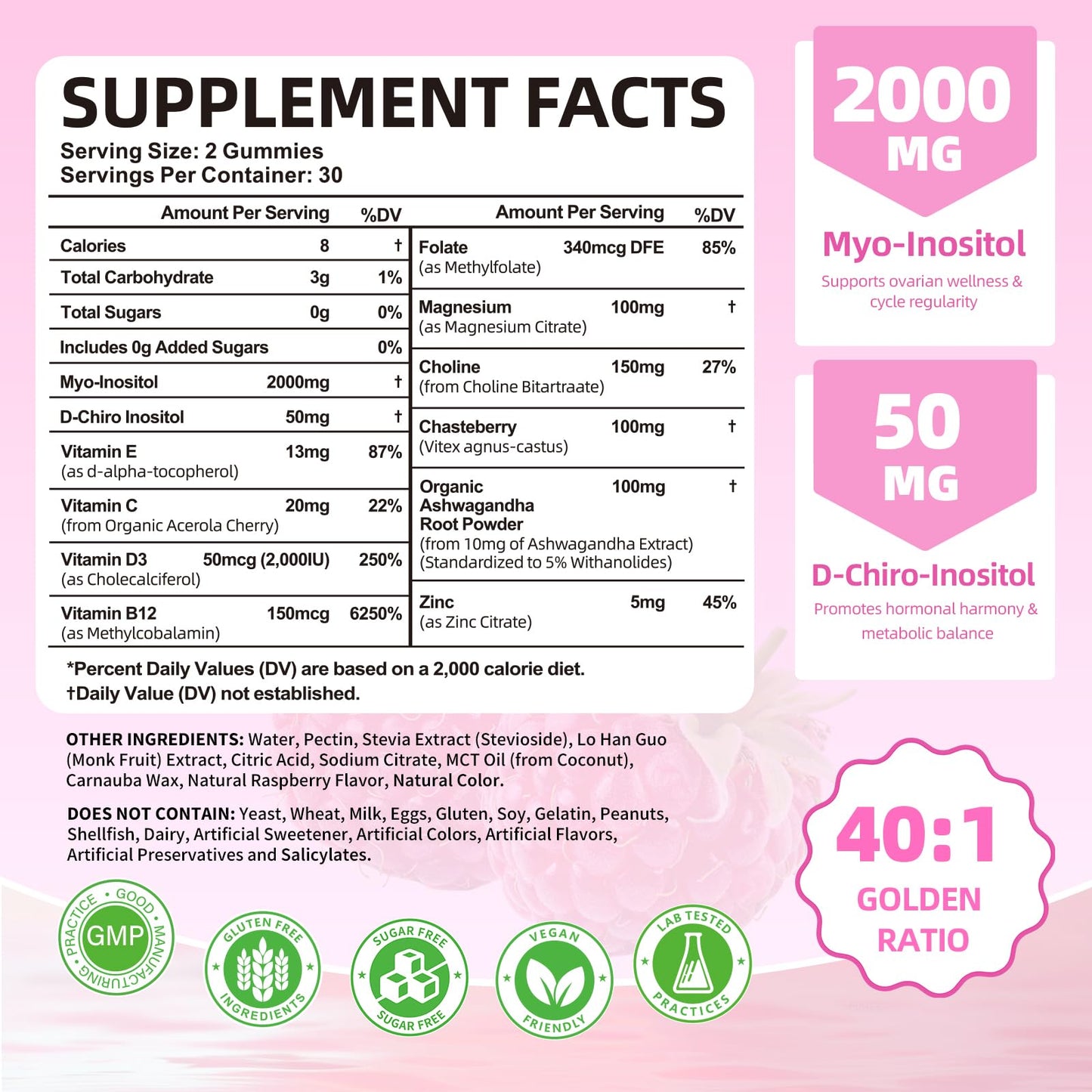 Mchokuu Myo-Inositol & D-Chiro Inositol Gummies, 40:1 Ratio, 120 Count