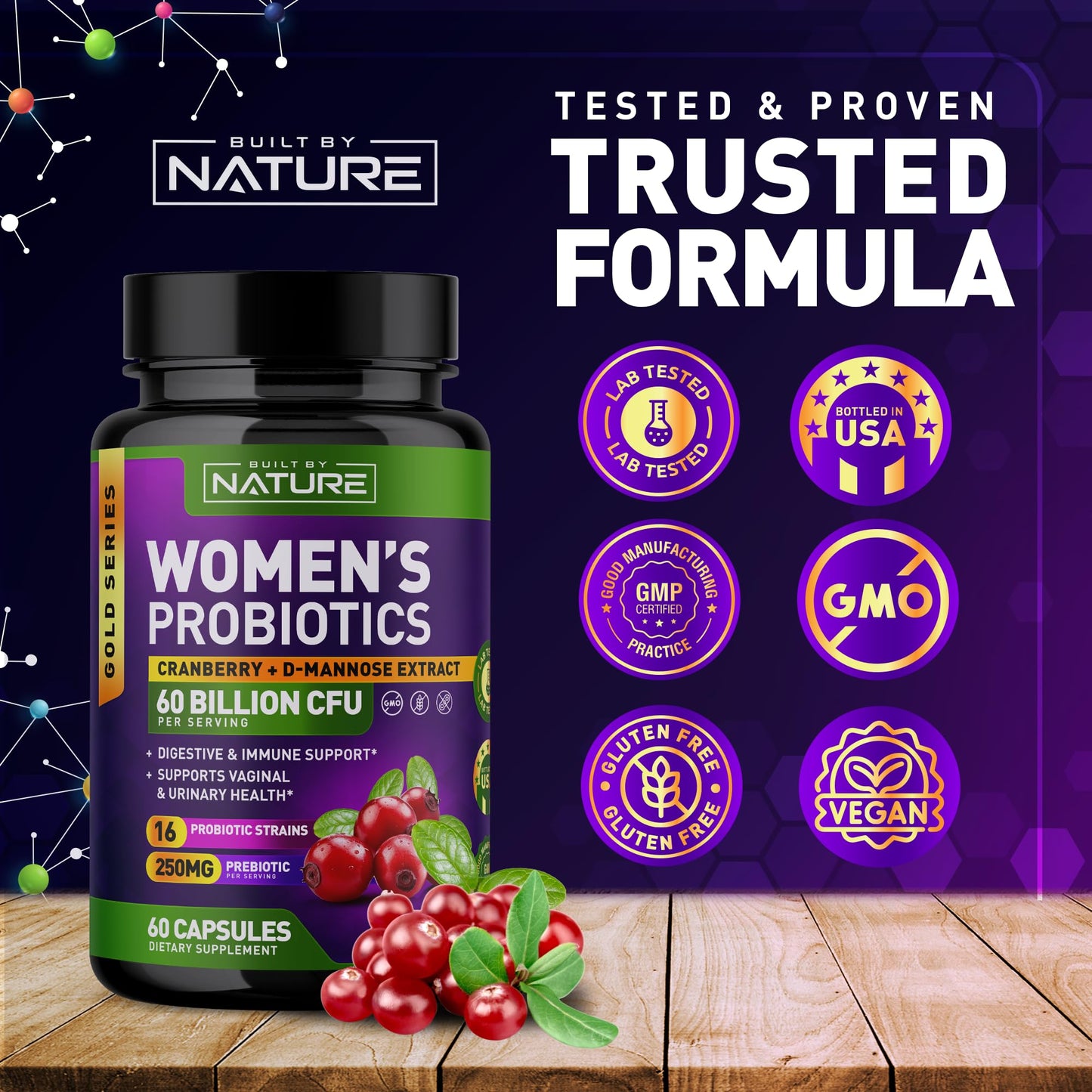 Built by Nature Probiotics for Women 60 Billion CFUs, 16 Strains, with Cranberry, D-Mannose & Prebiotics, 60 Veggie Capsules
