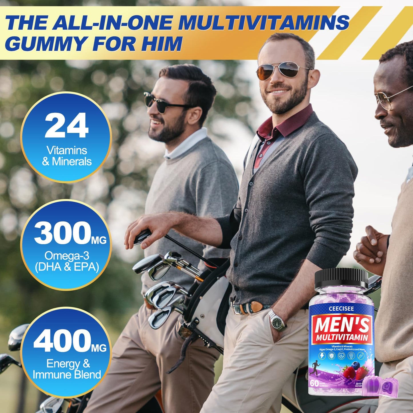 Ceecisee Men’s Methylated Multivitamin Gummies, Chewable Multivitamins for Men with Omega Probiotic, Magnesium, Zinc, B12 & D3 - No Iron Daily Immune & Energy Support, 120 Gummies