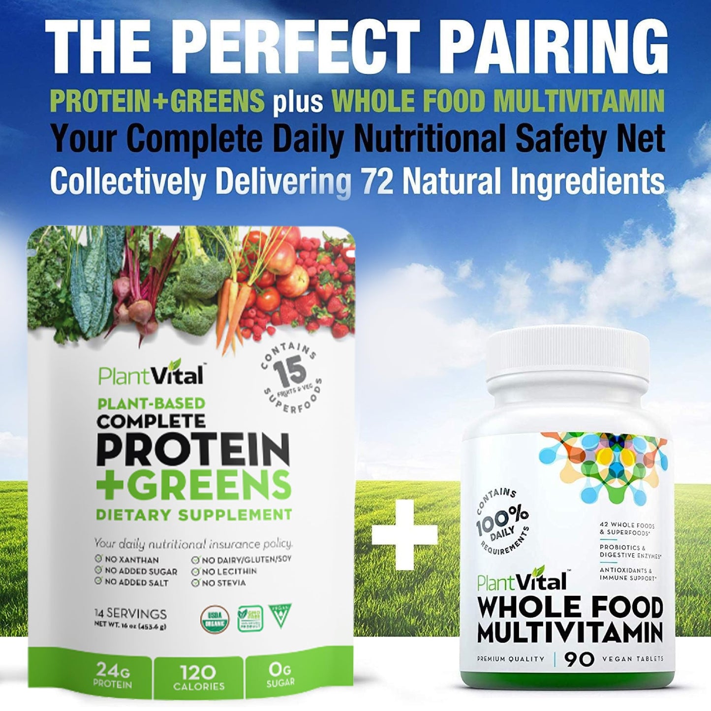 Plantvital Unflavored Organic Vegan Protein Powder 16 oz (Pack of 2)
