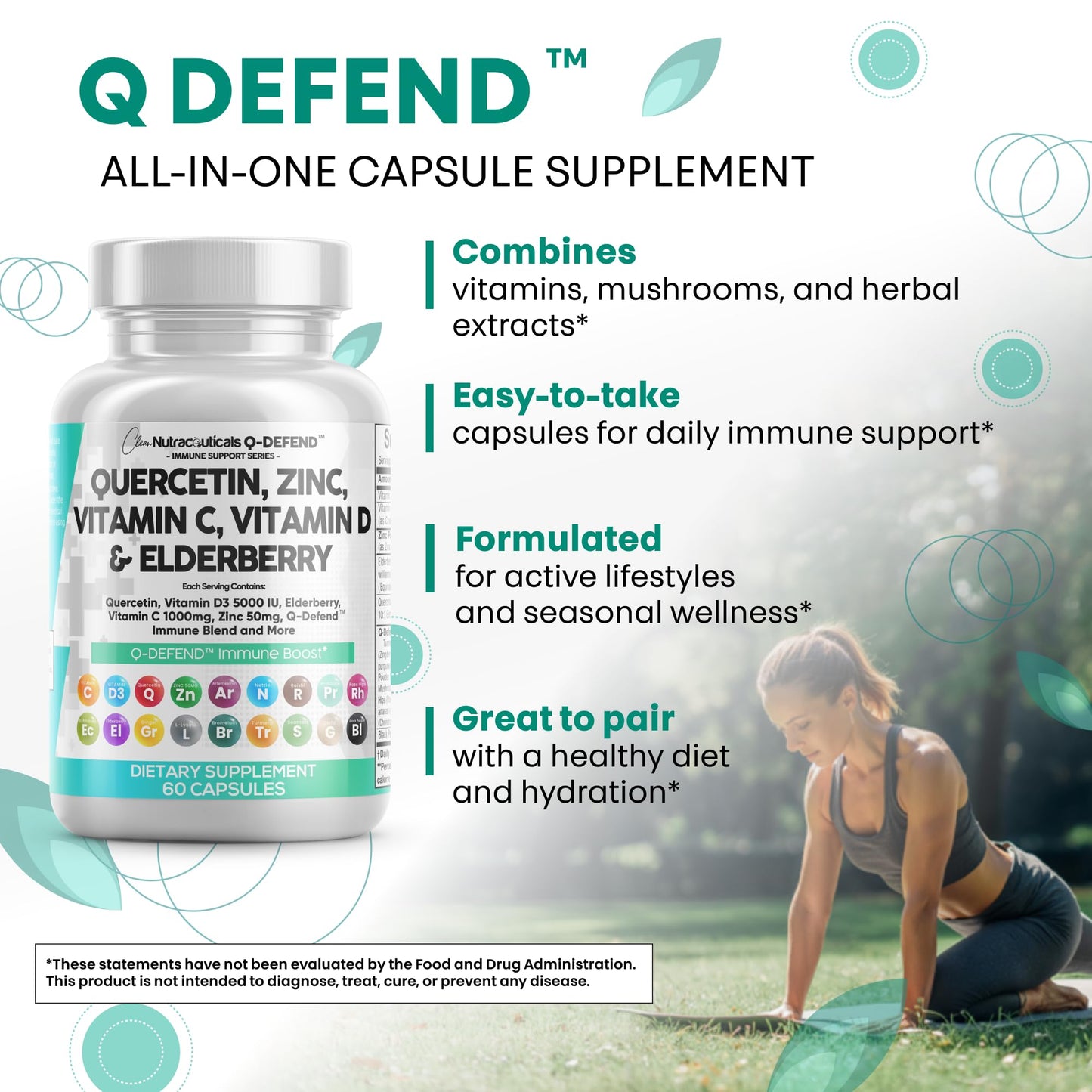 Clean Nutraceuticals Quercetin Zinc Vitamin C Vitamin D Bromelain Elderberry Lung Immune Support Supplement 60 Capsules