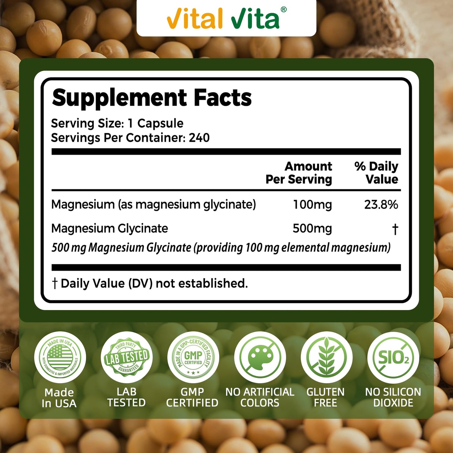 Vital Vita Magnesium Glycinate 500mg Capsules, 240 Capsules