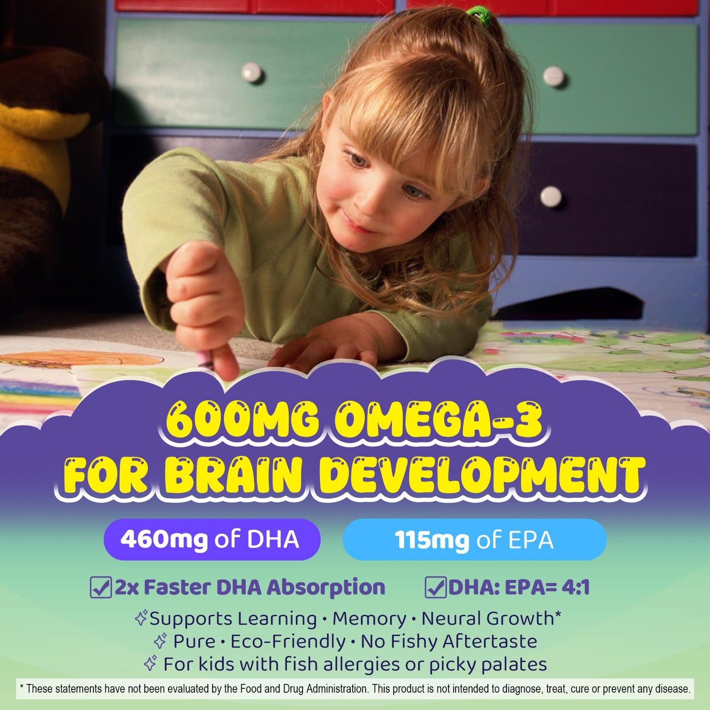 LILICARE Omega-3 for Kids 4+ Focus DHA Gummies Plus EPA from Algae, 60 Gummies