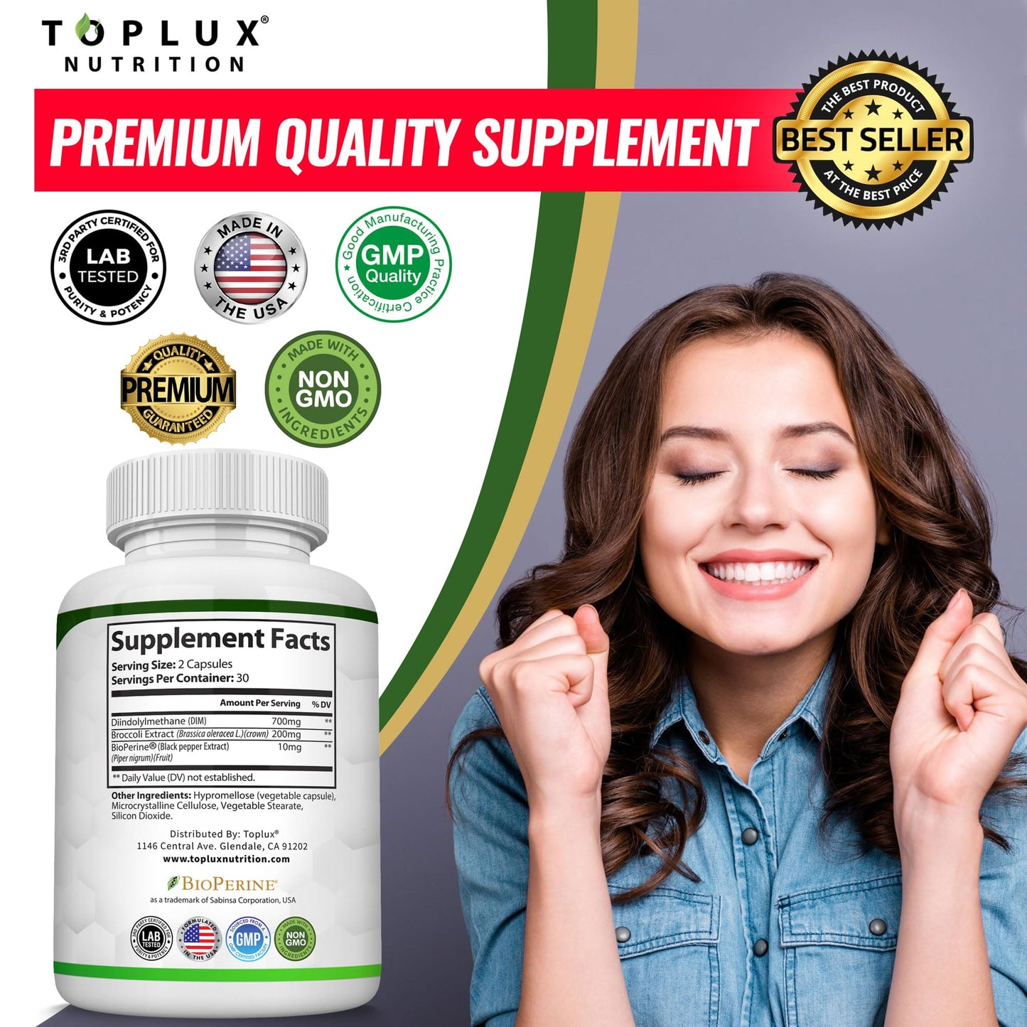 Toplux DIM Supplement 910mg Diindolylmethane to Support Estrogen Metabolism & Hormone Balance for Men & Women, Vegan Non-GMO, 60 Capsules