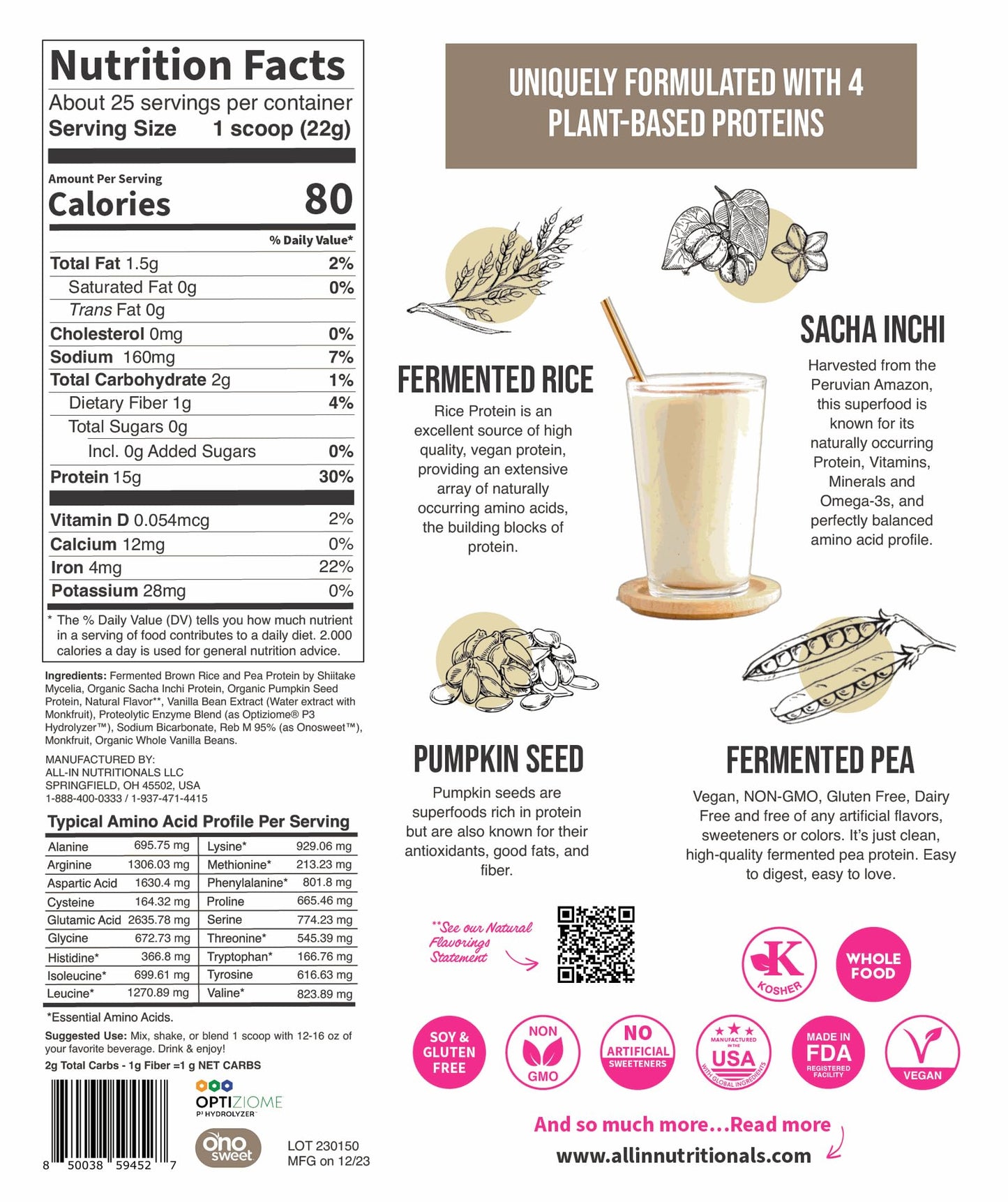 All In Nutritionals EZ Plant Protein Powder, 25 Servings