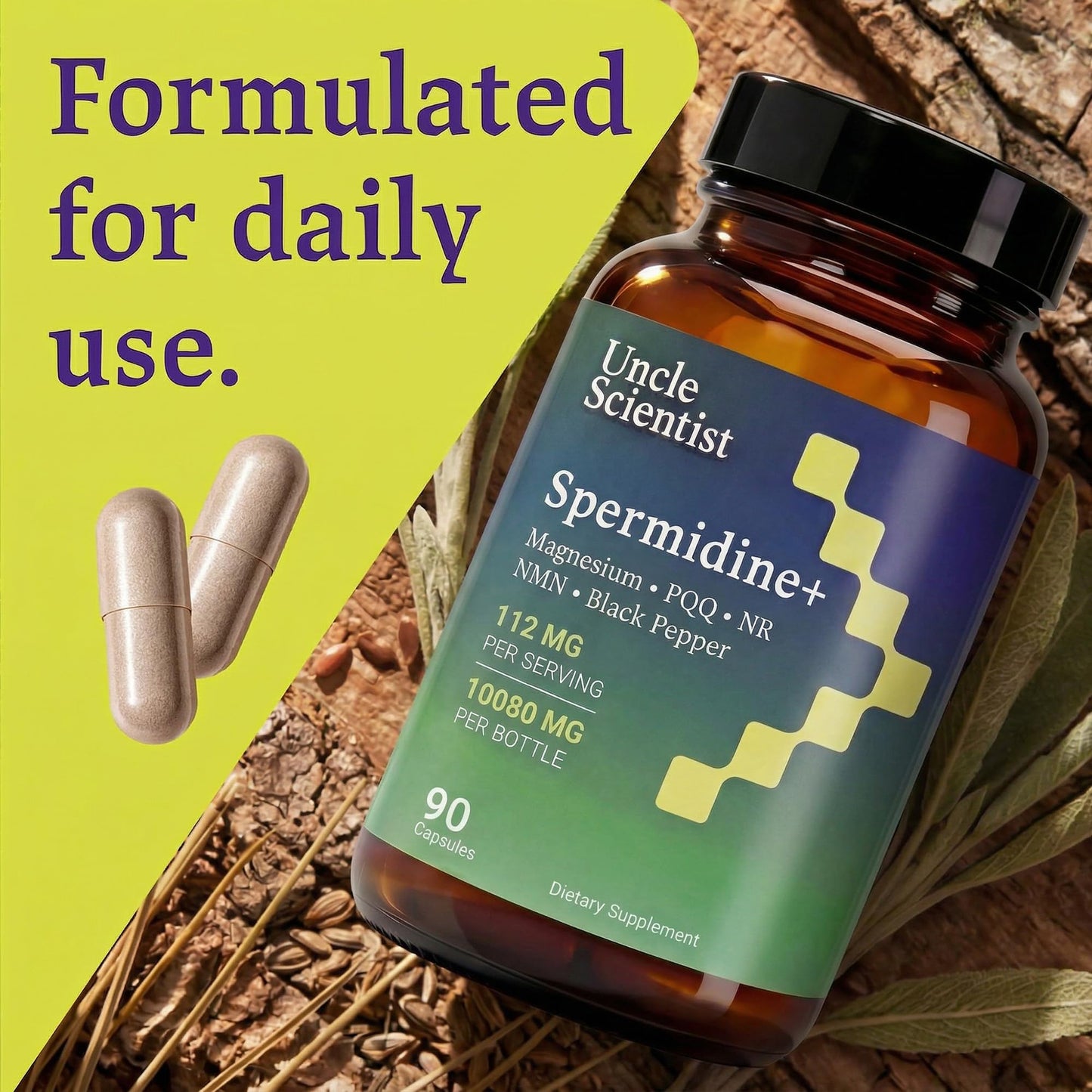 Uncle Scientist Spermidine 12 mg with Proprietary Blend, NR, NMN, PQQ, Magnesium Bisglycinate, Black Pepper Capsules, 90 Count