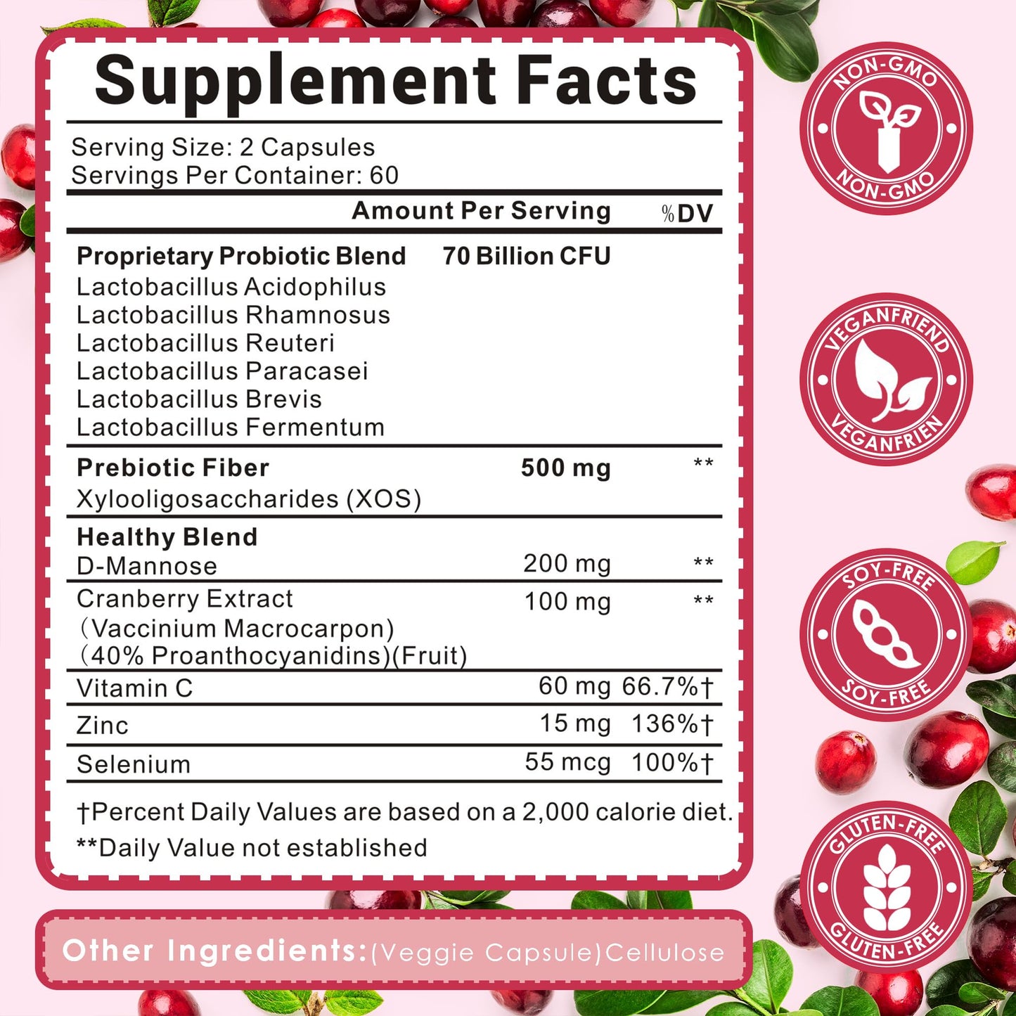 UBEEKOO Vaginal Probiotics for Women 70 Billion CFU with Prebiotics, Organic Cranberry & D-Mannose for Vaginal Odor & Flora, pH Balance & Urinary Tract Support, 60 Capsules