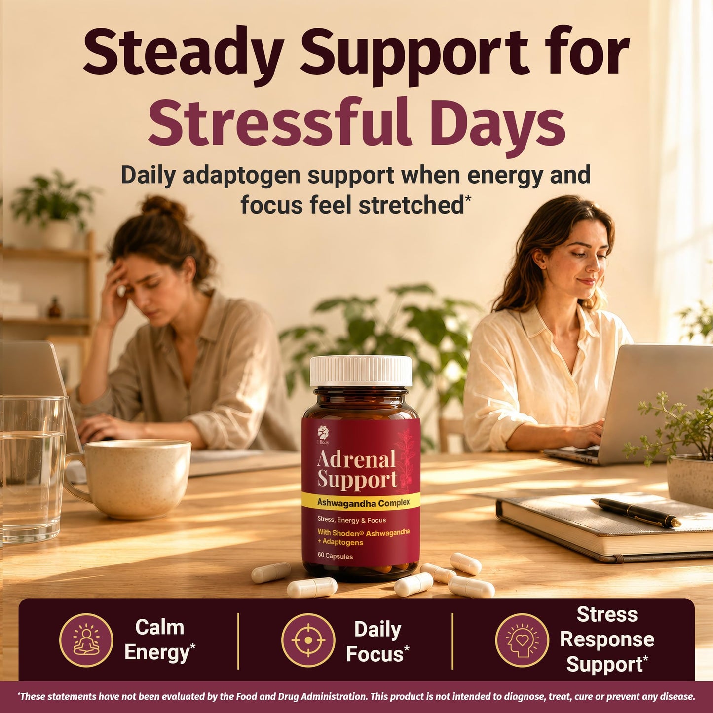 1 Body Adrenal Support Complex with Ashwagandha & Adaptogens, 60 Capsules
