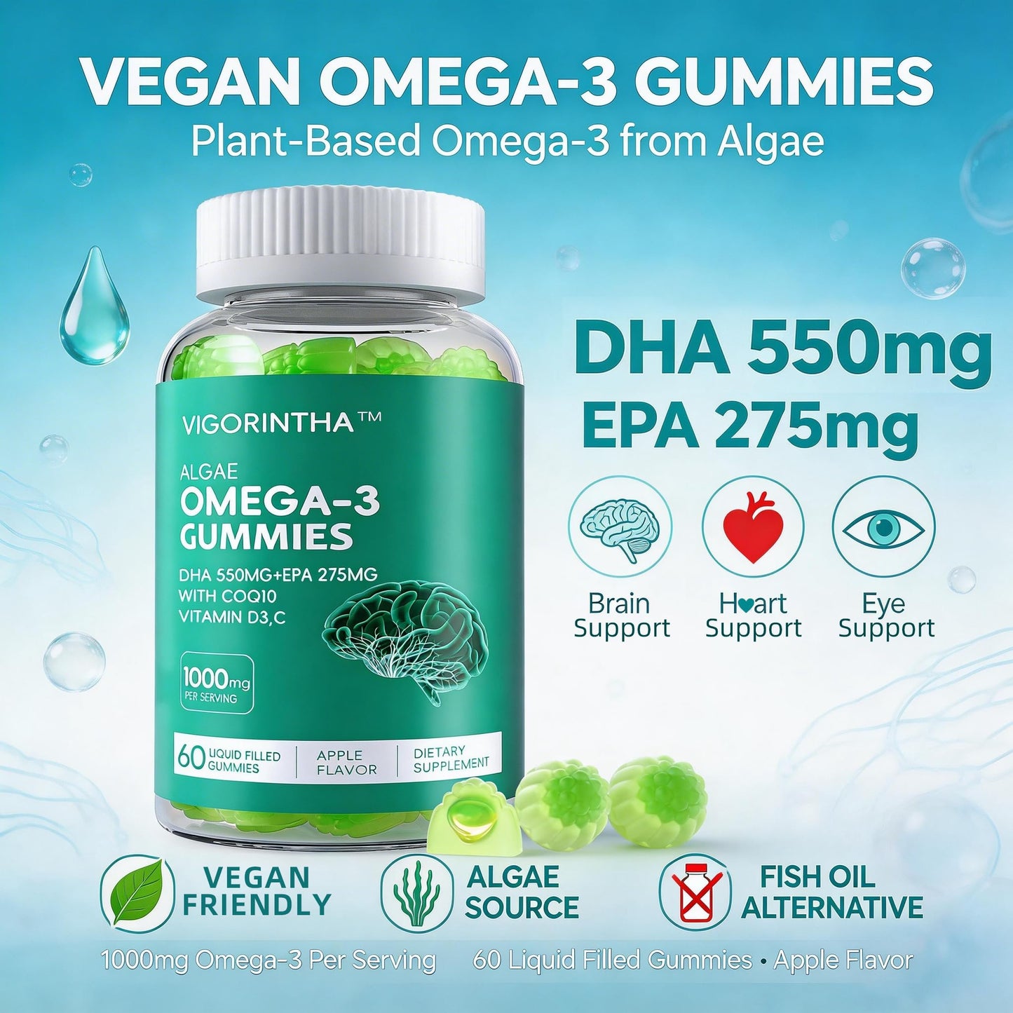 Vigorintha Vegan Omega-3 Gummies 1000mg with CoQ10, Vitamin D3, E, C, Plant-Based DHA 550mg & EPA 275mg, Sugar Free, 60 Gummies