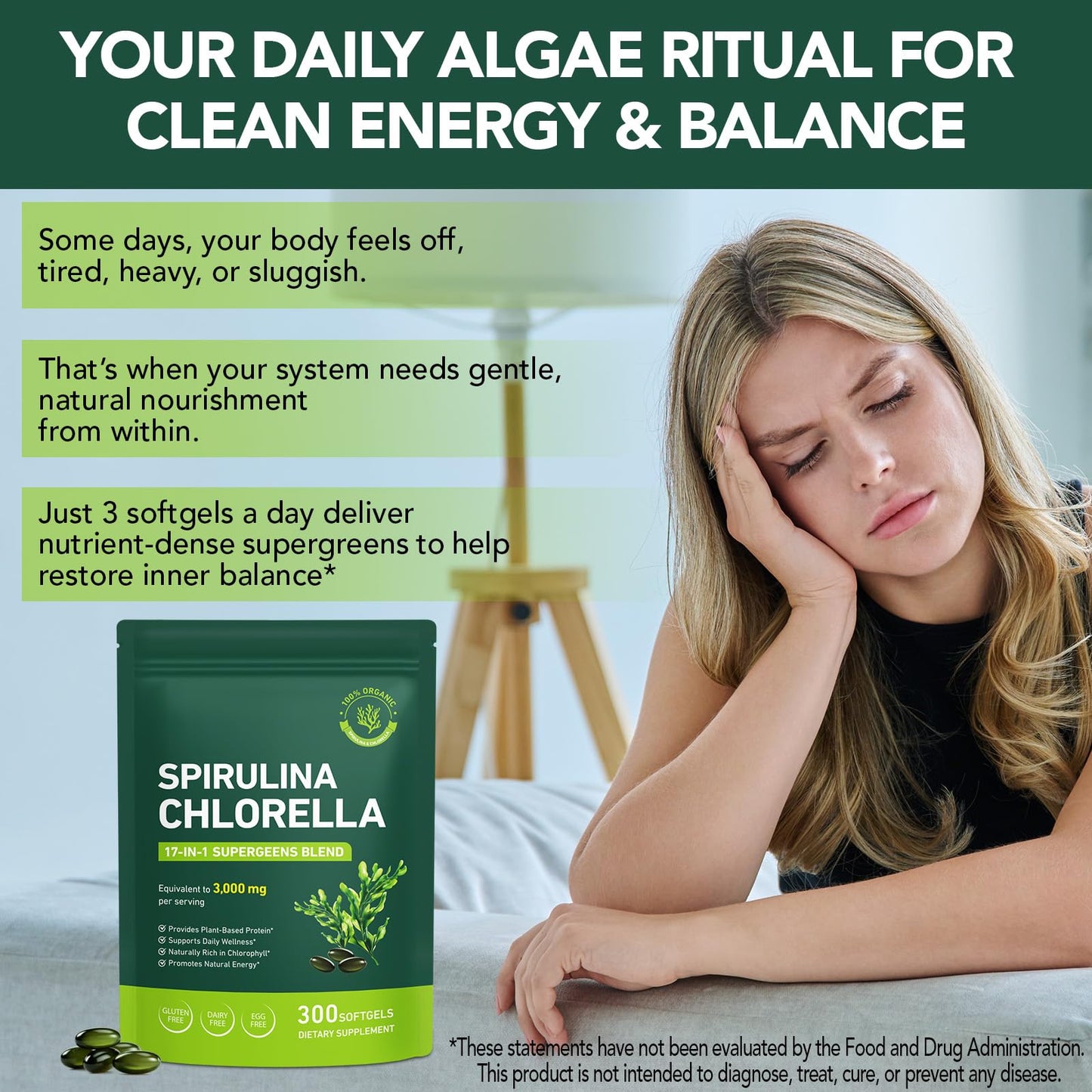 bnHUlMXw Organic Spirulina Chlorella Softgels, 300 Count