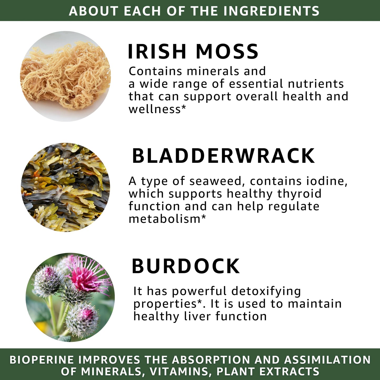 Healblend Organic Sea Moss, Bladderwrack, Burdock, & BioPerine - 1405mg with Black Pepper - Natural Wellness and Detox Support Supplement, 60 Capsules