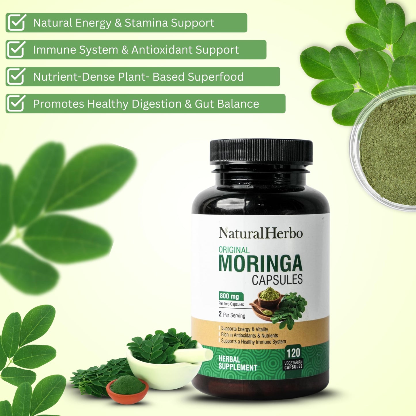 NaturalHerbo Pure Moringa Capsules (800mg), 120 Capsules