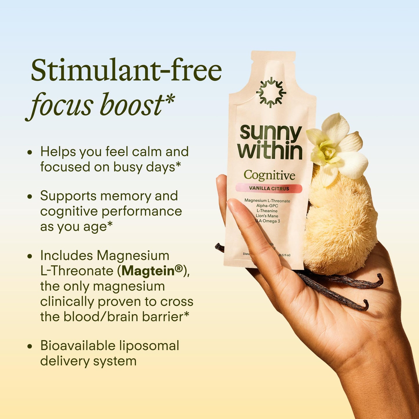 Sunny Within Brain Health Supplement Magnesium L-Threonate from Magtein®, Lion’s Mane, Alpha GPC, L-Theanine, ALA & Avocado Oil - Focus, Mood & Memory Support, 30 Tablets