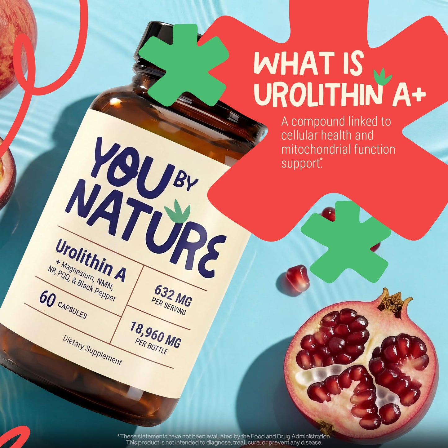 YOUBYNATURE Urolithin A 632mg Supplement with NMN, NR, PQQ, Magnesium Bisglycinate & Black Pepper Extract, Capsule, 60 Count
