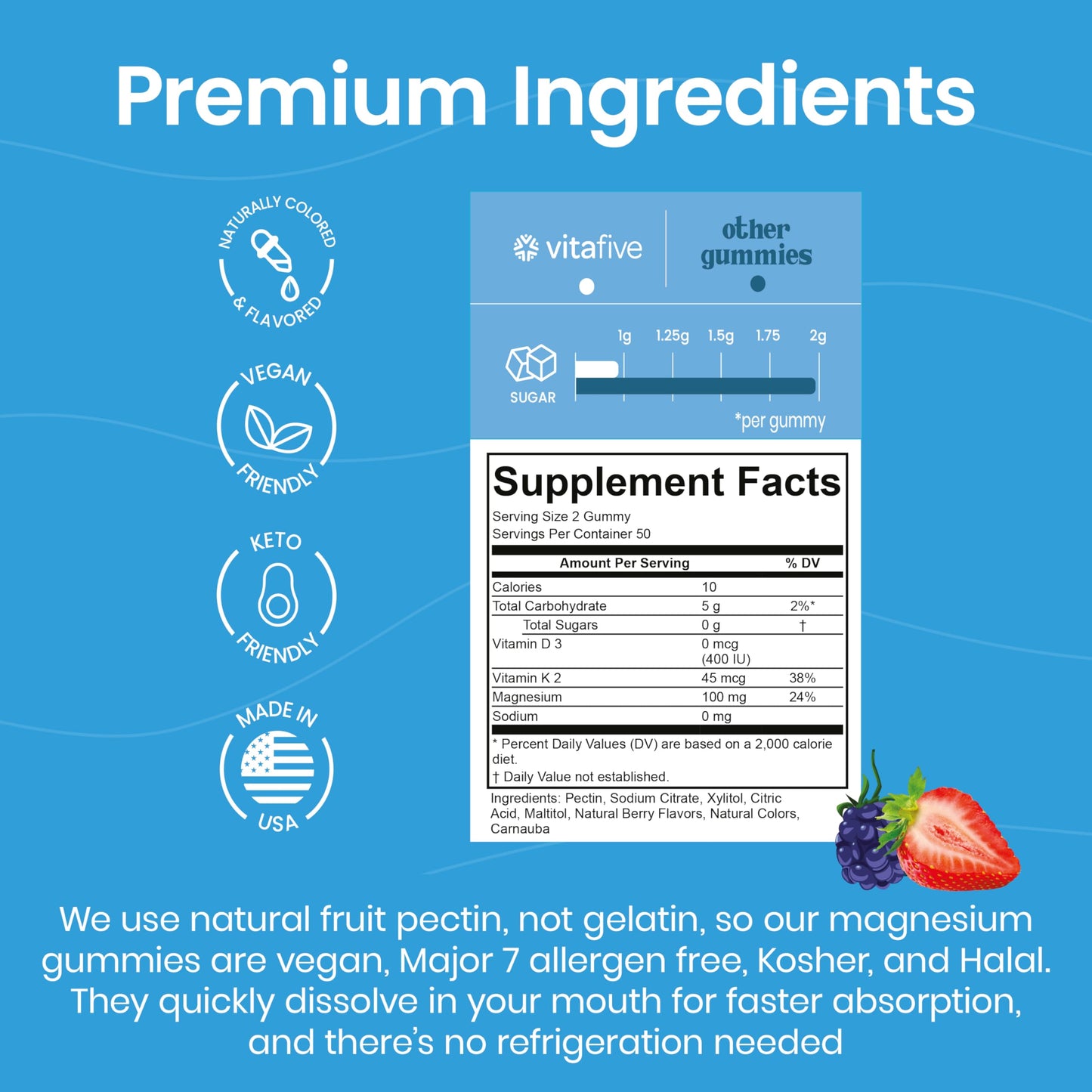 Vitafive Low Sugar Magnesium Glycinate Gummies with Vitamin D and K, 50 Count