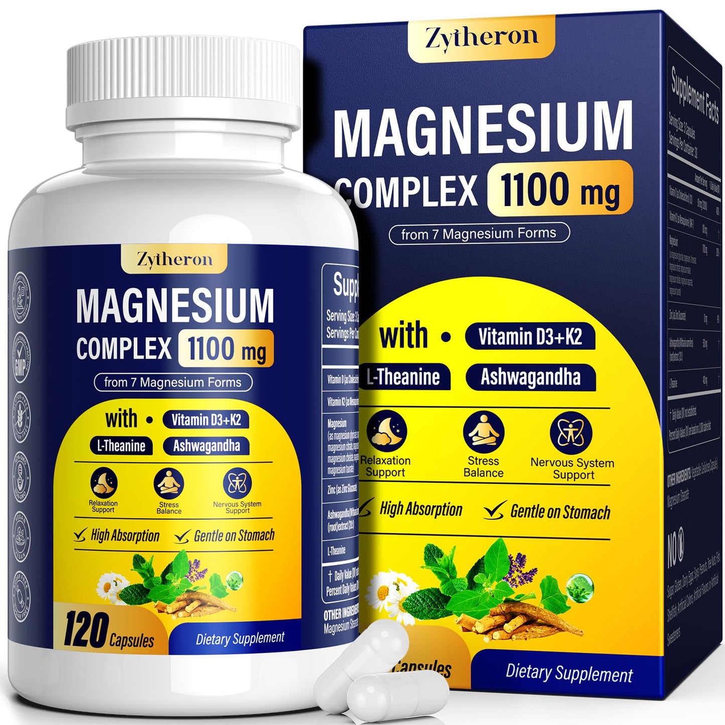 Zytheron Magnesium Complex for Women & Men 1100mg, 7-in-1 Magnesium Supplement with Ashwagandha & L-Theanine for Calm & Sleep Support, High Absorption, Vegan 120 Capsules