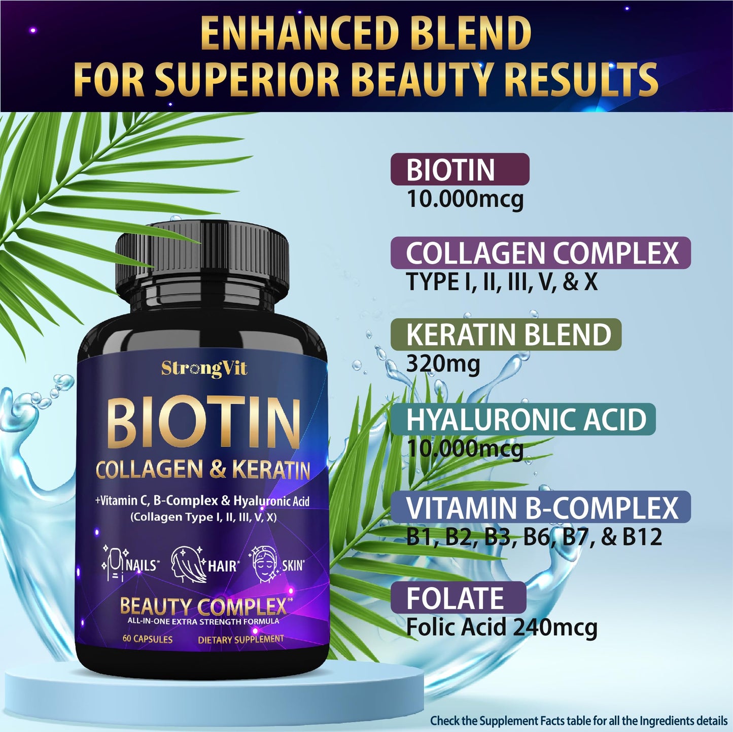 StrongVit Biotin with Hyaluronic Acid, Keratin & Collagen Supplements - 10000mcg for Hair Growth - Hair Skin & Nails Vitamins, 60 Capsules