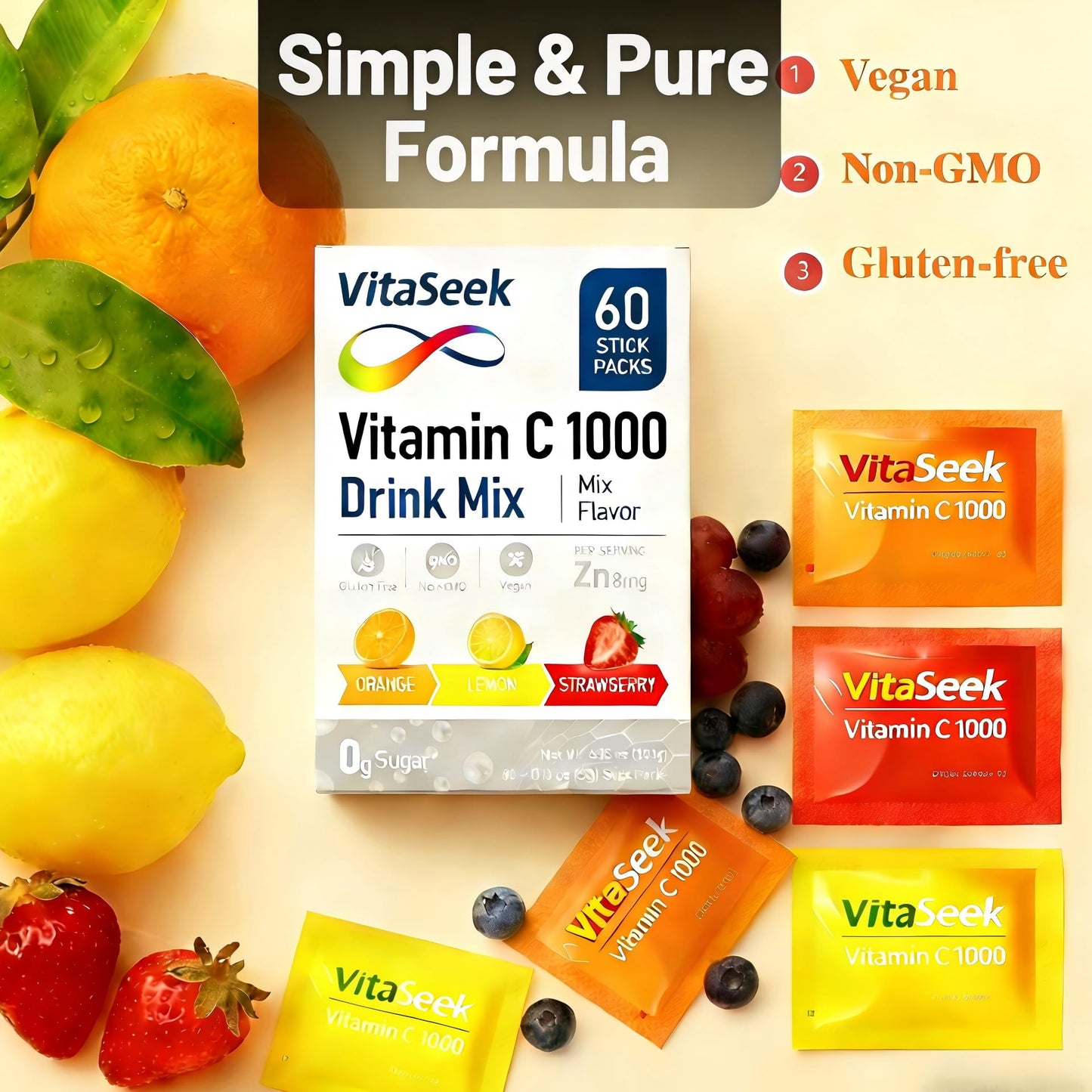 VitaSeek Vitamin C Powder, Sugar Free, 60 Sticks