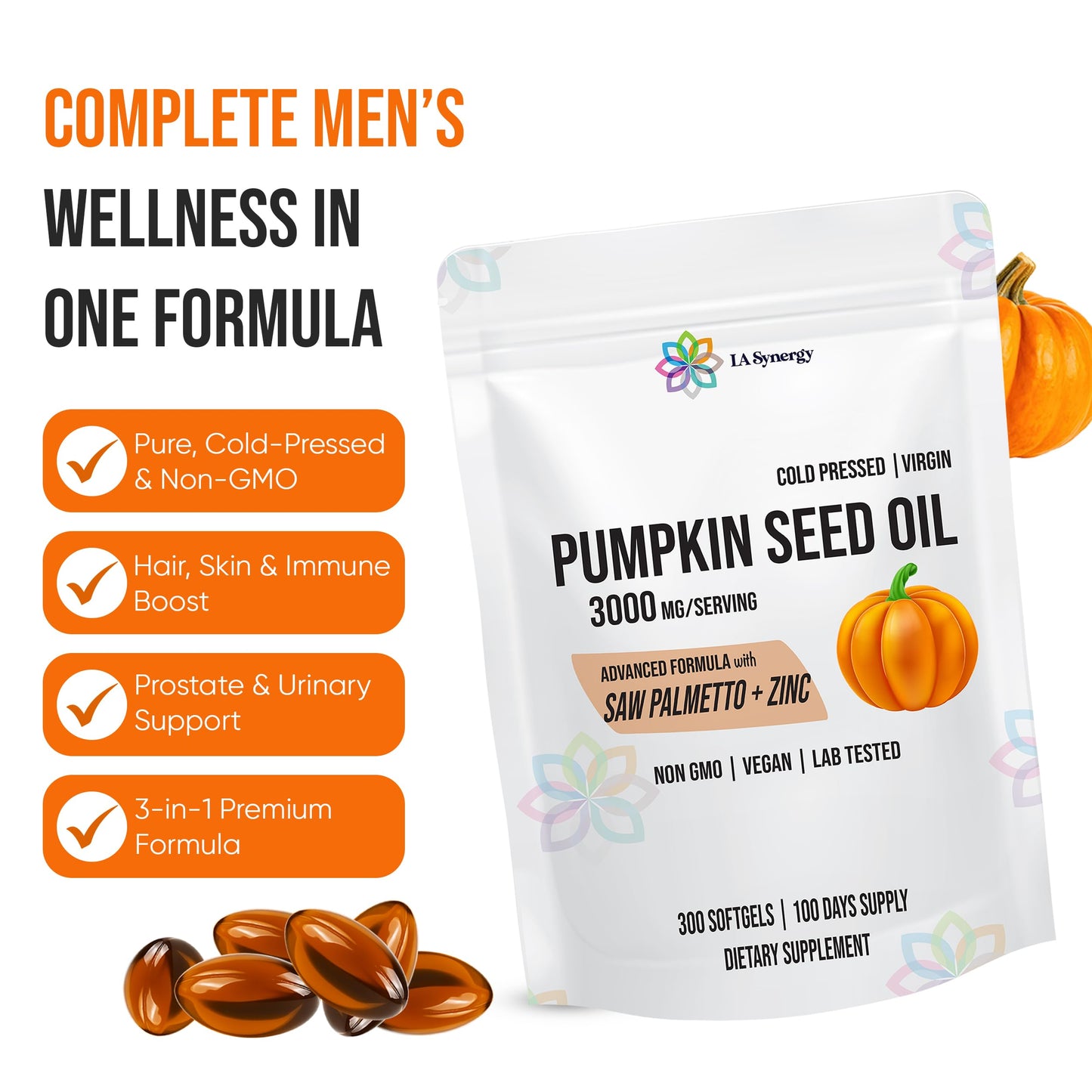 LA Synergy Pumpkin Seed Oil 3000mg, 3-in-1 with Saw Palmetto and Zinc High-Potency Formula for Hair, Skin, Rich in Phytosterols & Fatty Acids, Prostate Health, Urinary Tract Support Softgels 300 Count