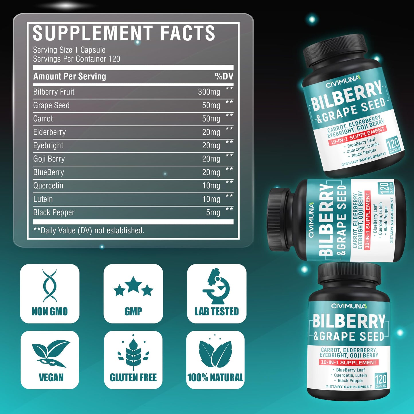 CIVIMUNA Bilberry Extract Capsules, 120 Count