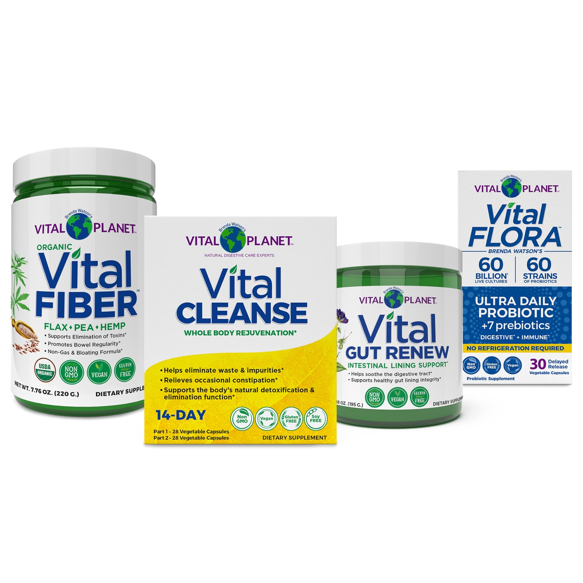 Vital Planet Whole Body Internal Cleansing Kit with Vital Cleanse 14-Day 2-Part Program, Vital Fiber, Vital Gut Renew, and Vital Flora Ultra Shelf Stable 30 Capsule Probiotic, Powder and Capsules, 86