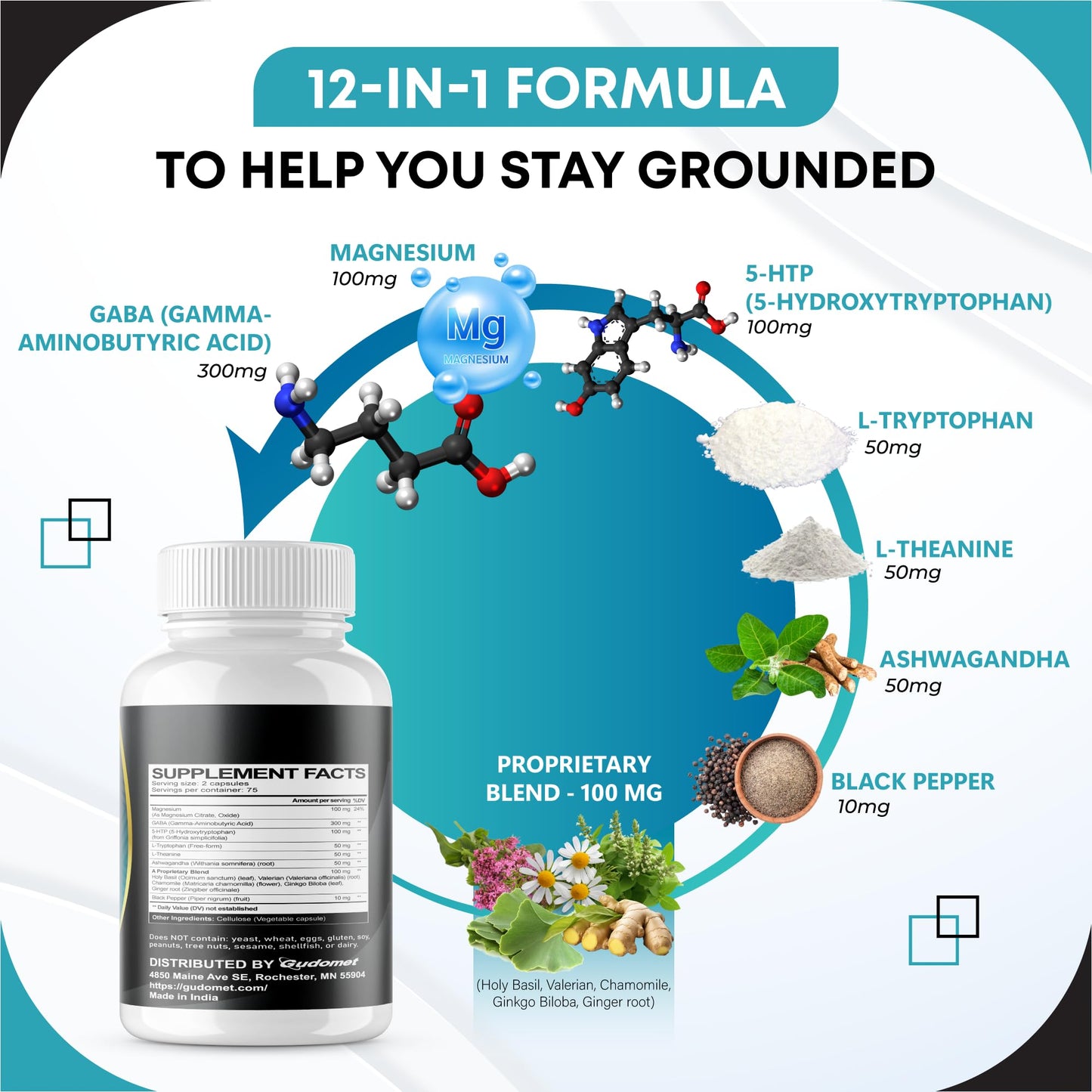 GUDOMET GABA 5-HTP L-Tryptophan L-Theanine Vitamin D3 Vitamin B6 Holy Basil Valerian Chamomile Ginkgo Biloba Ginger Capsules 150