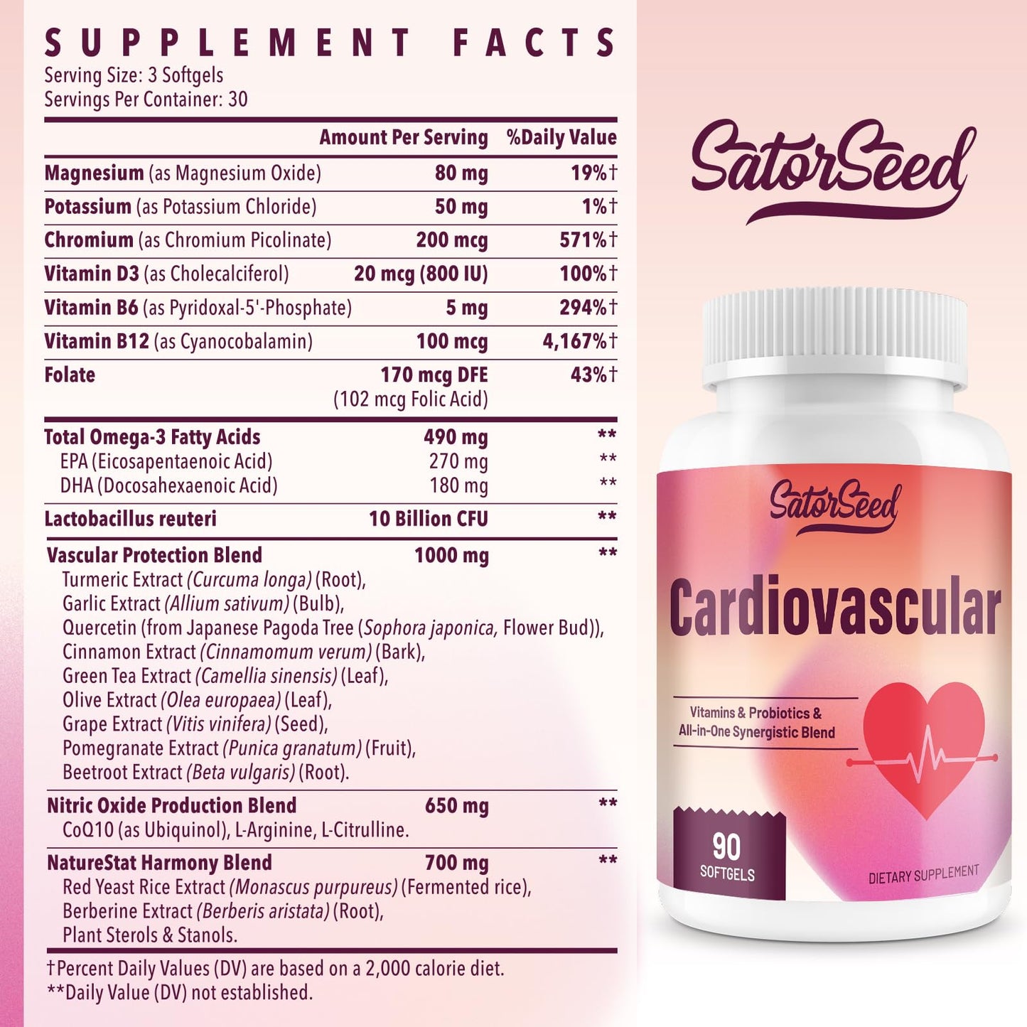 SatorSeed Cardiovascular Supplement 3000mg Softgels, 90 Count