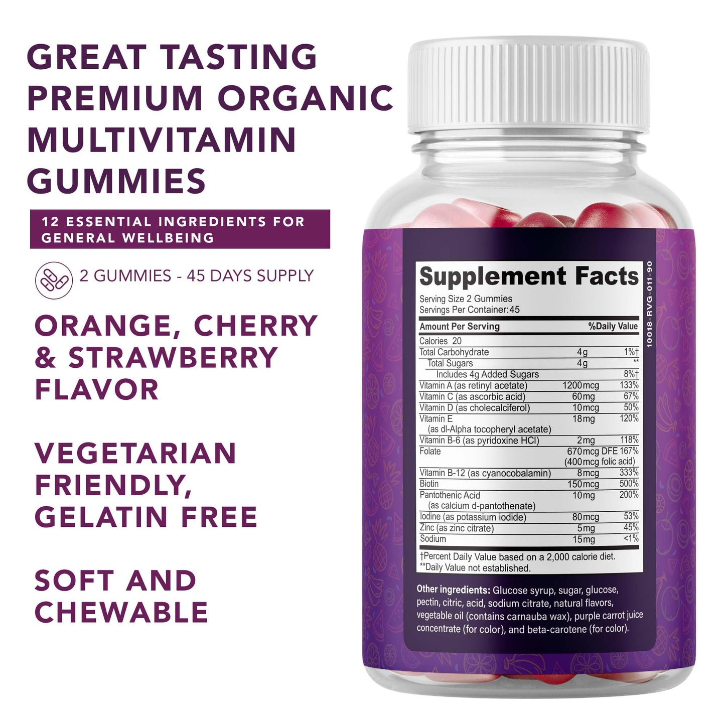 PLANT.O NUTRITION Complete Multivitamin Gummies for Adults – All-in-One Blend of Vitamin A B C D E Zinc and Biotin – 90 Gummies