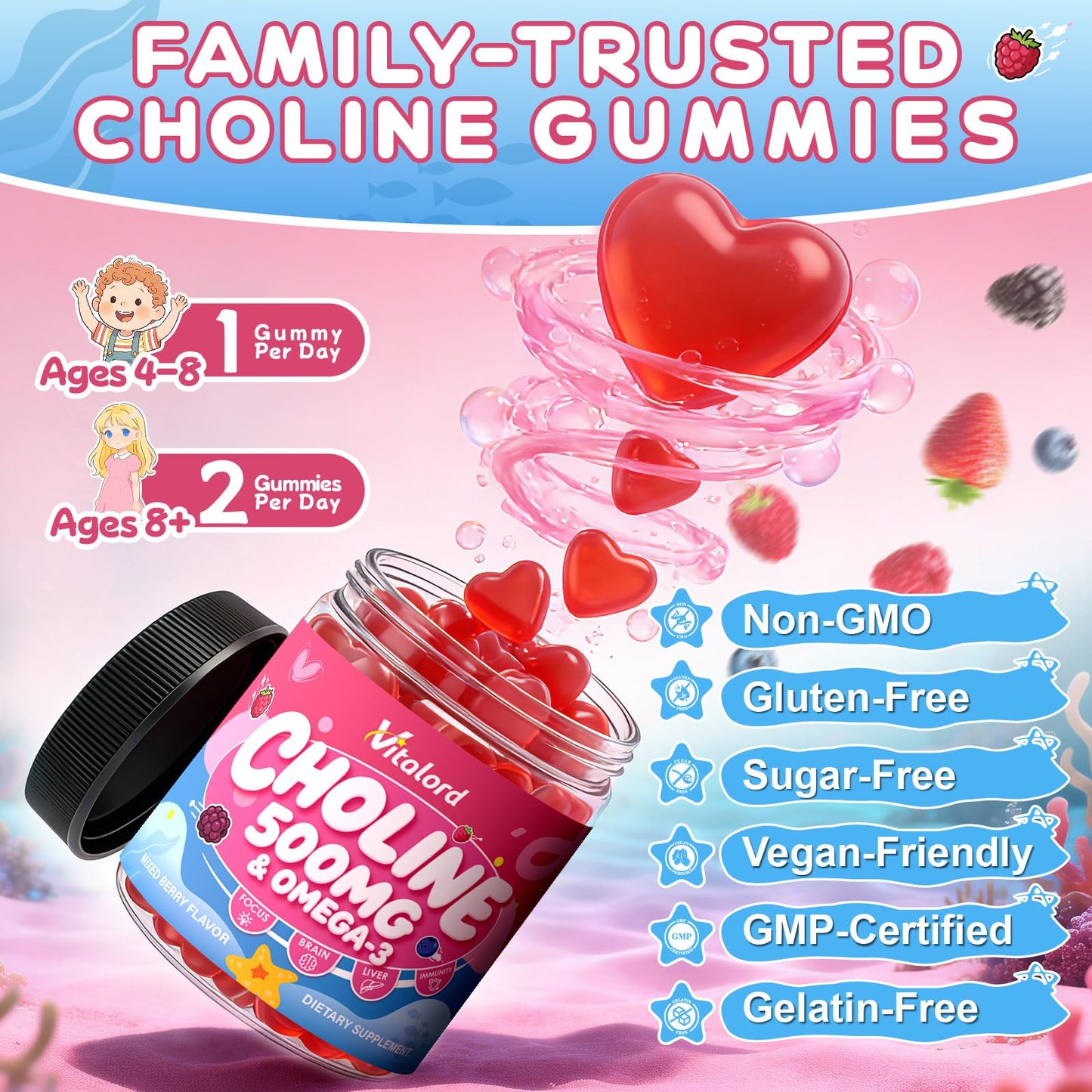 Vitalord CDP Choline with Omega-3 Gummies 500mg, 60 Count