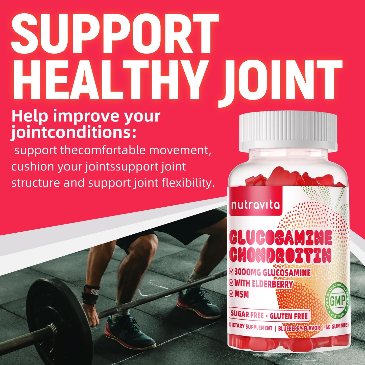 Nutravita Glucosamine Chondroitin Gummies with MSM & Elderberry Extra Strength - Joint Support and Immune Support, 120 Strawberry Chews