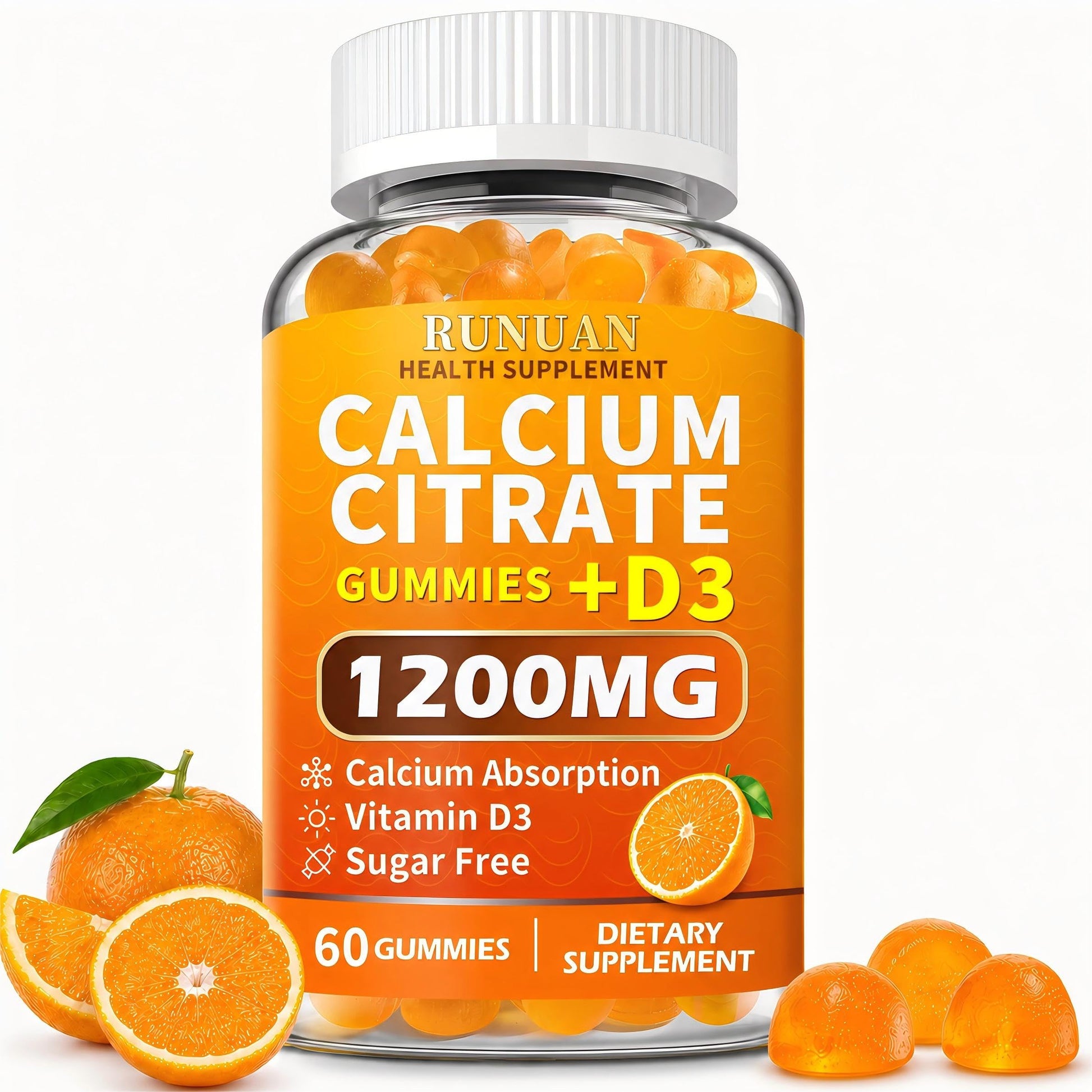 RUNUAN Calcium Citrate 1200mg Gummies with Vitamin D3 for Women Men Kids, 60 Count