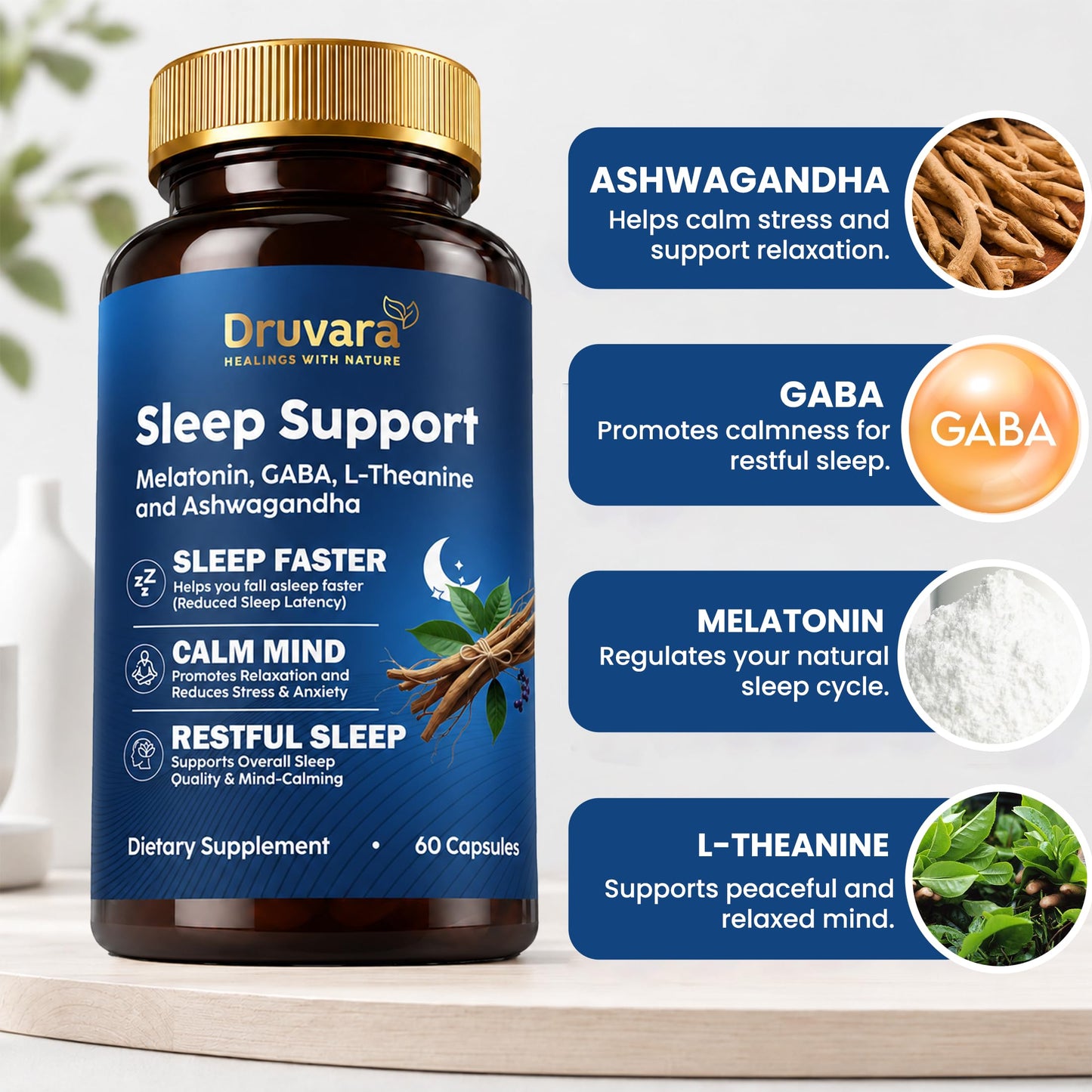 Druvara Natural Sleep Aid for Adults with Melatonin, GABA, L-Theanine & Ashwagandha, 60 Capsules