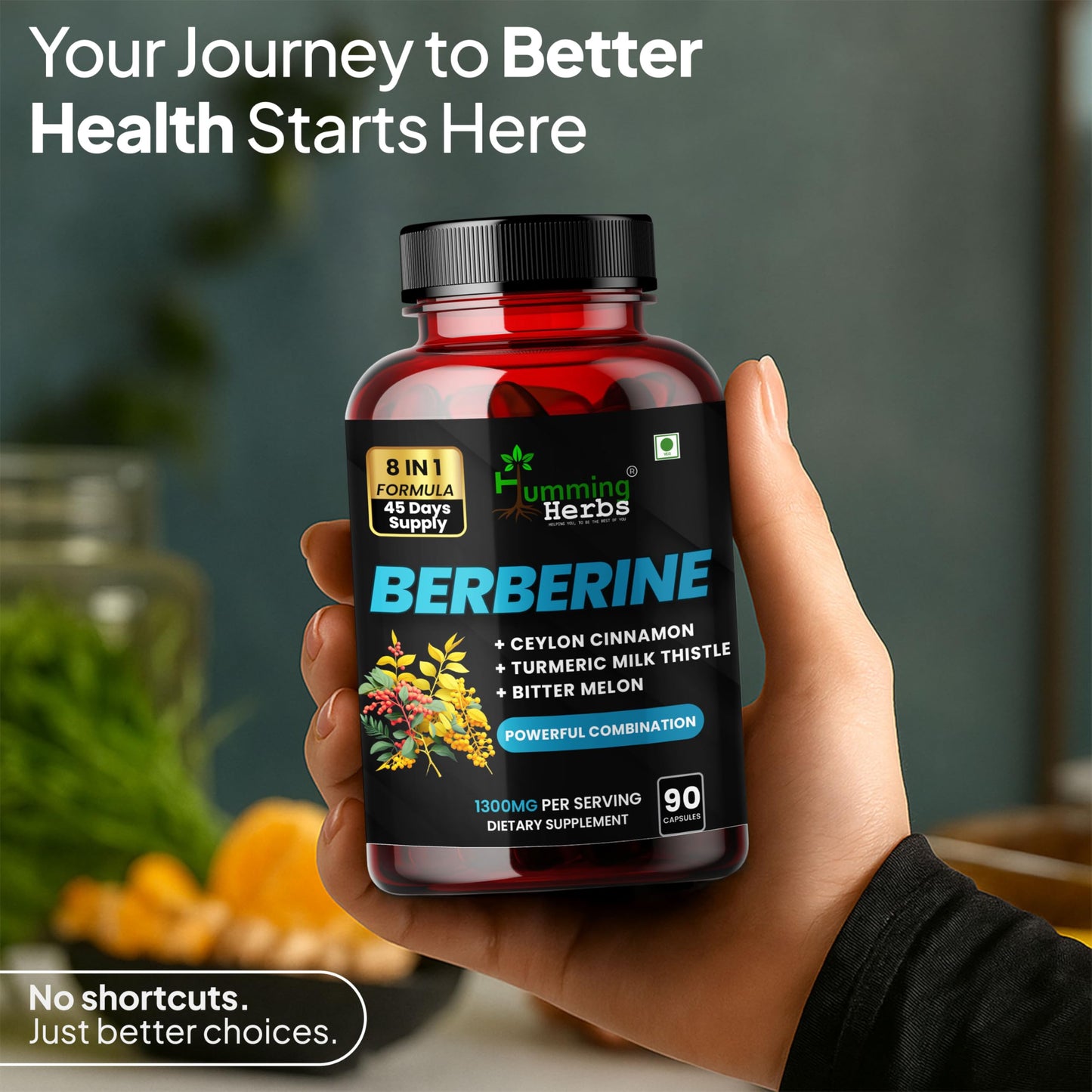 Humming Herbs Berberine HCl 500 mg per Serving with Ceylon Cinnamon, Turmeric, Milk Thistle, Bitter Melon, Gymnema, Red Yeast Rice & Probiotics 90 Capsules