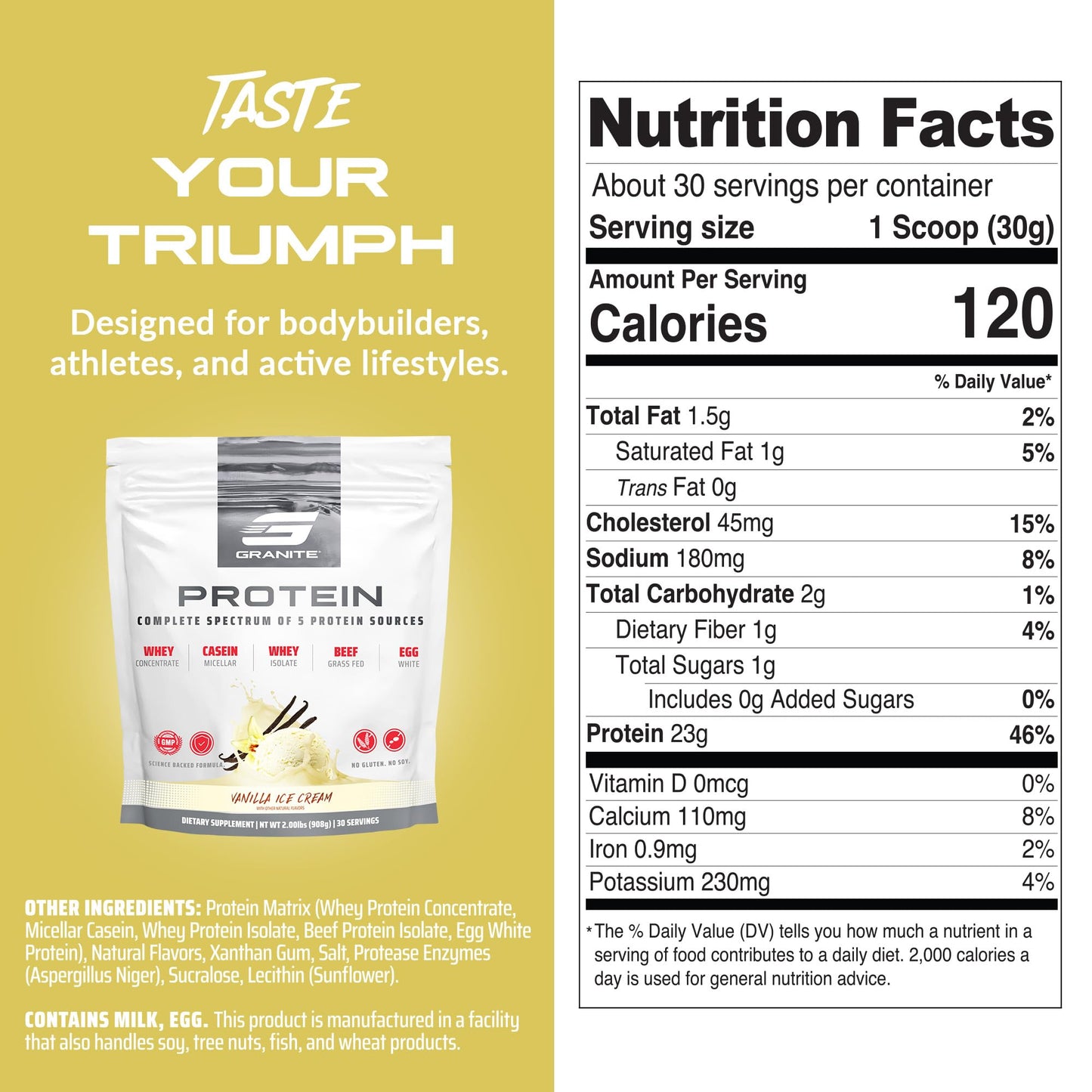 Granite Supplements Protein Powder - Premium 5-Source Blend (Whey, Casein, Egg, Grass-Fed Beef) Vanilla Ice Cream, Powder, 6 x 5.41 oz