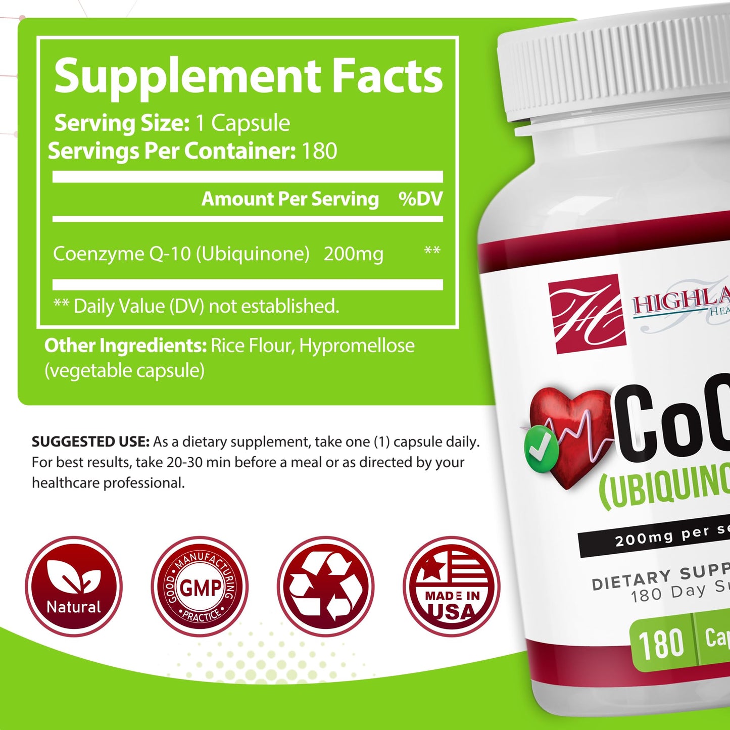 Highland Health Foods CoQ10 200mg, 180 Capsules