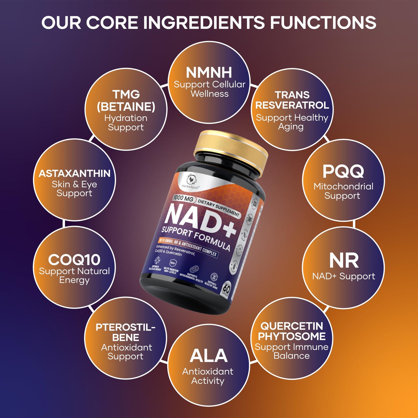 HerbaSpot NAD+ Supplement 1000mg with NMNH, Nicotinamide Riboside NR, Resveratrol & CoQ10 60 Capsules