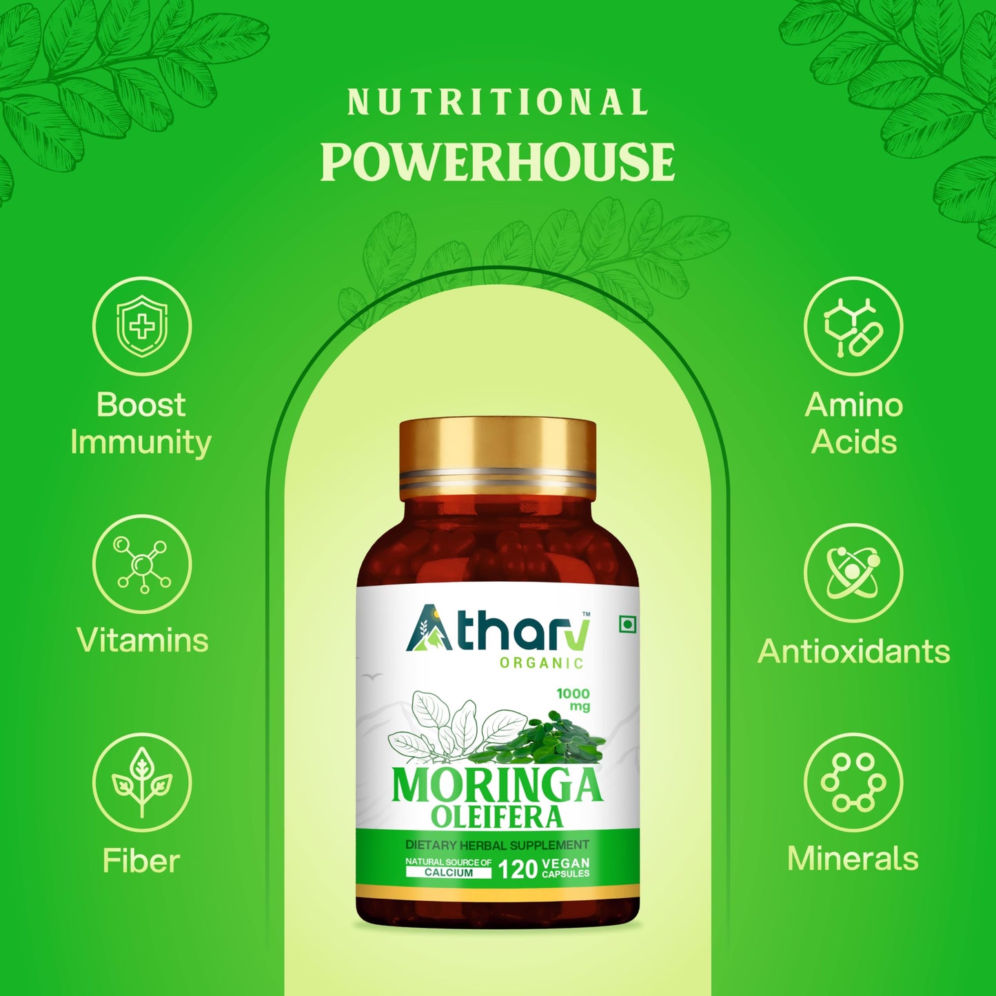 ATHARV ORGANIC Moringa Capsules 1000 mg, 120 Count